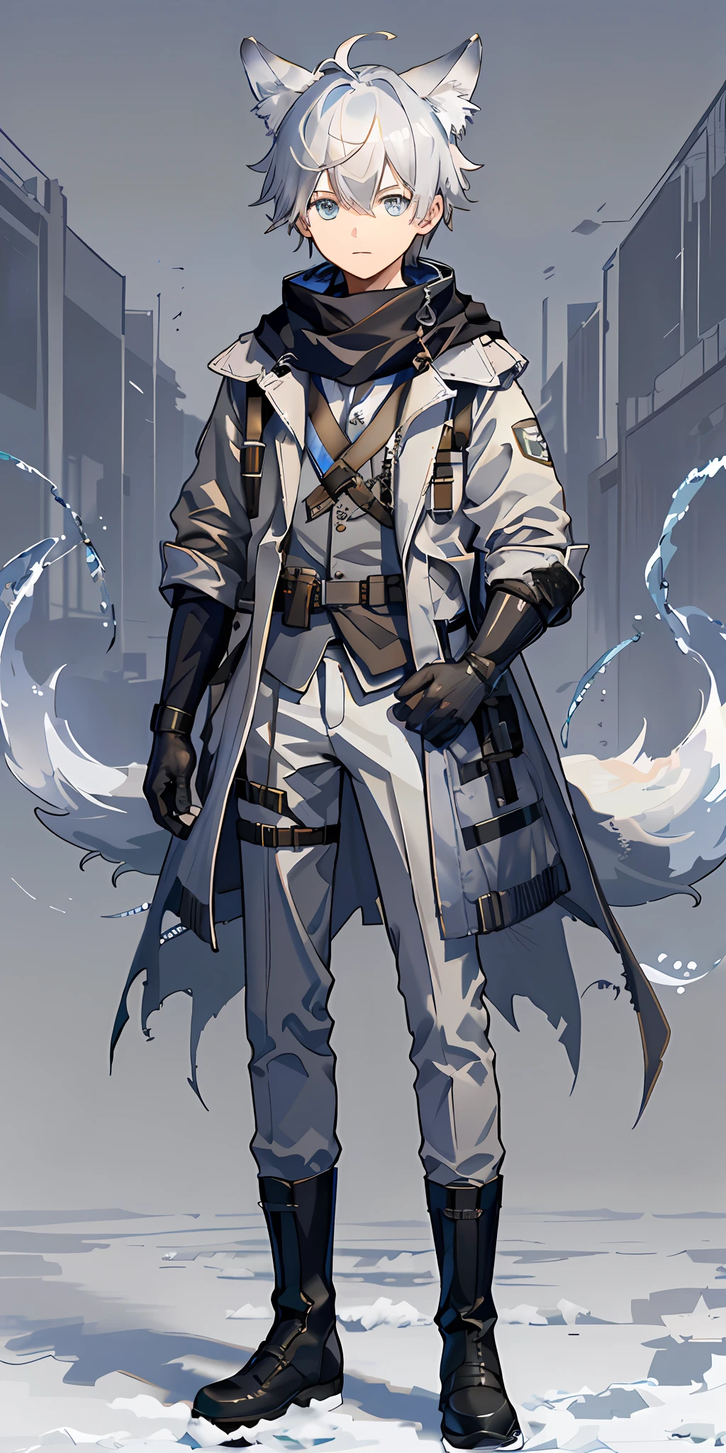 1boy, shota, (HD quality, masterpiece level), fresh and cold teenage characters, wolf ears and wolf tail highlight the character's sense of belonging, blue eyes and dark gray hair echo each other, the clean lines of the white-gray military trench coat show the character's modesty and confidence, brown scarf and black boots are rigid and soft, as if ready to go. The whole picture is simple and atmospheric, and the high and cold temperament is respectful. No background, white screen, slightly fit, HD, masterpiece, white background, dark gray hair, blue eyes, (wolf ears), (wolf tail), slim white gray military trench coat, no hood, brown scarf, black boots, one tail, little boy