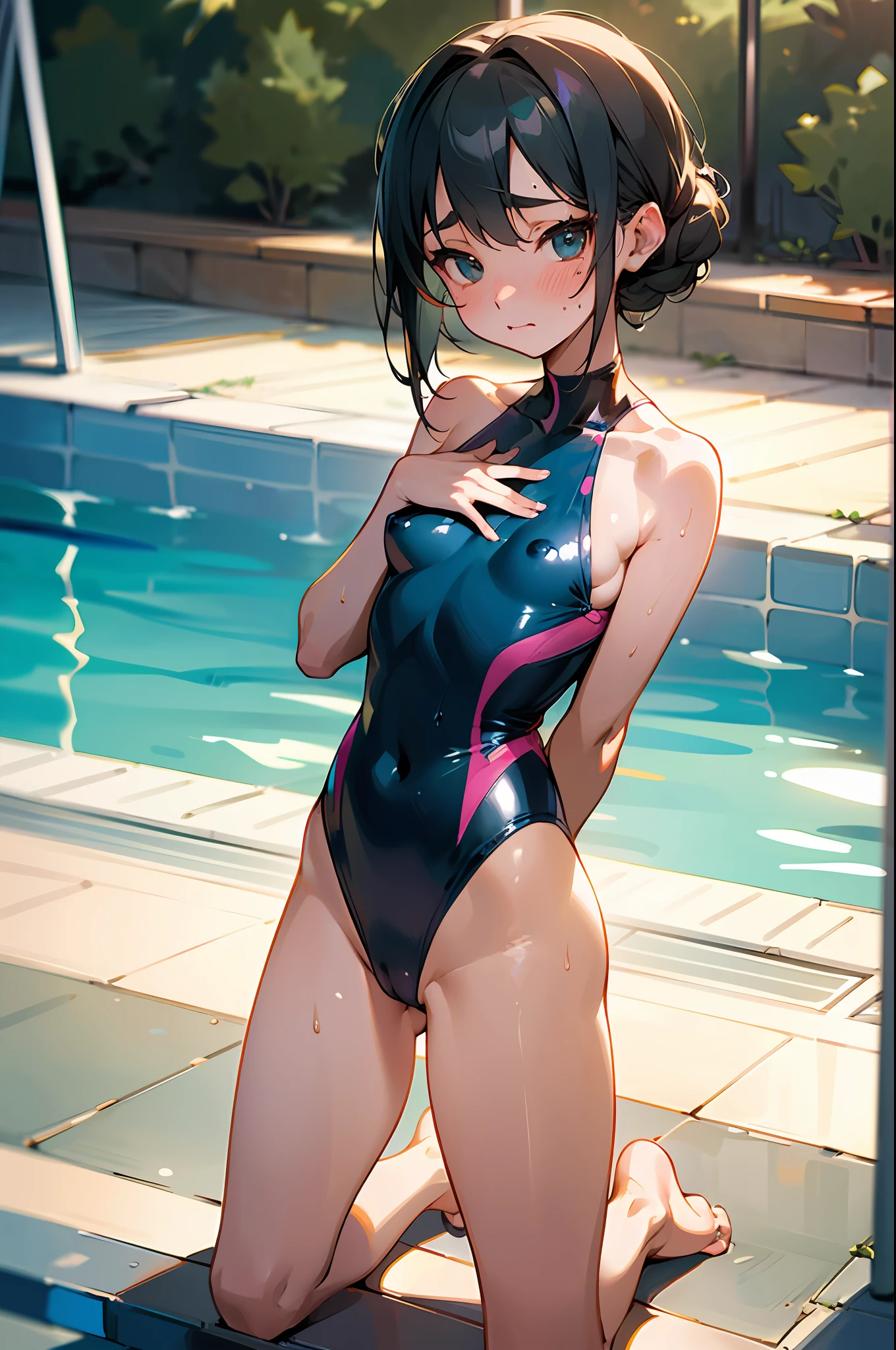 (nsfw:1.2), solo girl, 18 years old woman , gravure idol, sky-blue competition swimsuit, kawaii face, delicate beautiful face ,well-proportioned face, blush, embarrassed face,  slender body,  sweaty body, small tits, perky breast, ((protuberance at the tip of the chest)), open legs, ultra detailed,  (masterpiece:1.5),  (best quality:1.2), 8k, hd, highres, a professional photograph, exquisite detail, sharp-focus, award-winning photograph, small-catchlight, beautiful lighting, facial-symmetry,  full body, poolside, camel toe