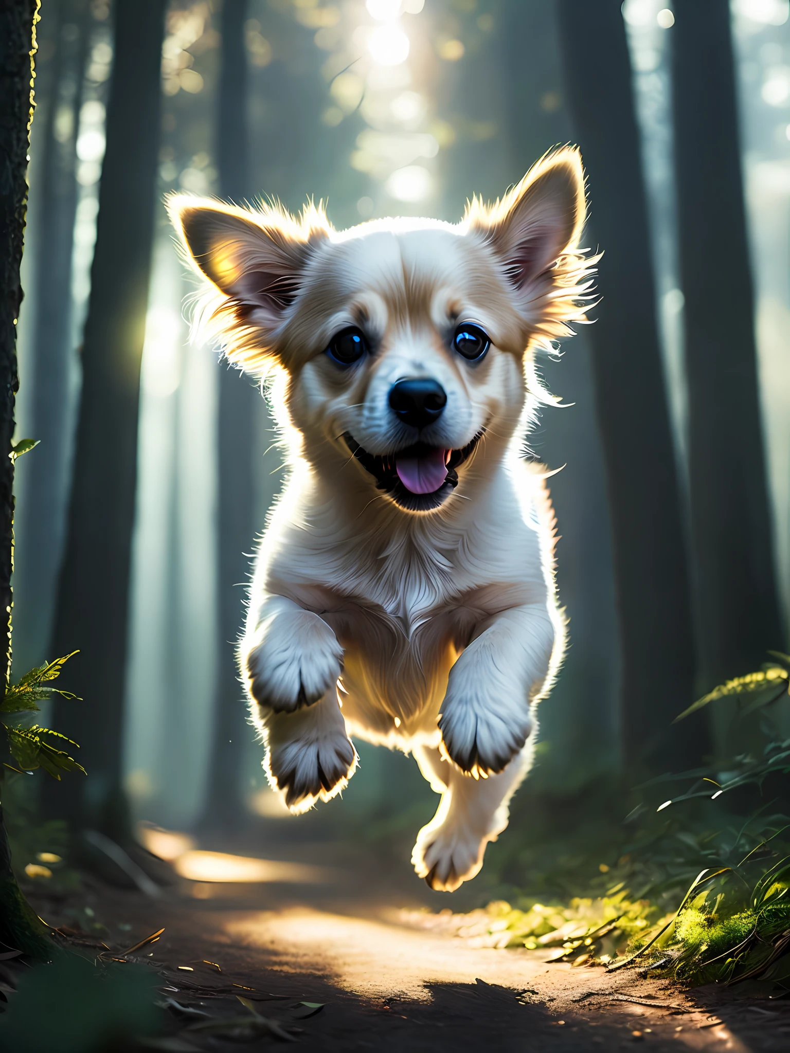 close up photo of a very cute jumping puppy in the forest, soft volumetric lights, (backlit:1.3), (cinematic:1.2), intricate details, (ArtStation:1.3), Rutkowski