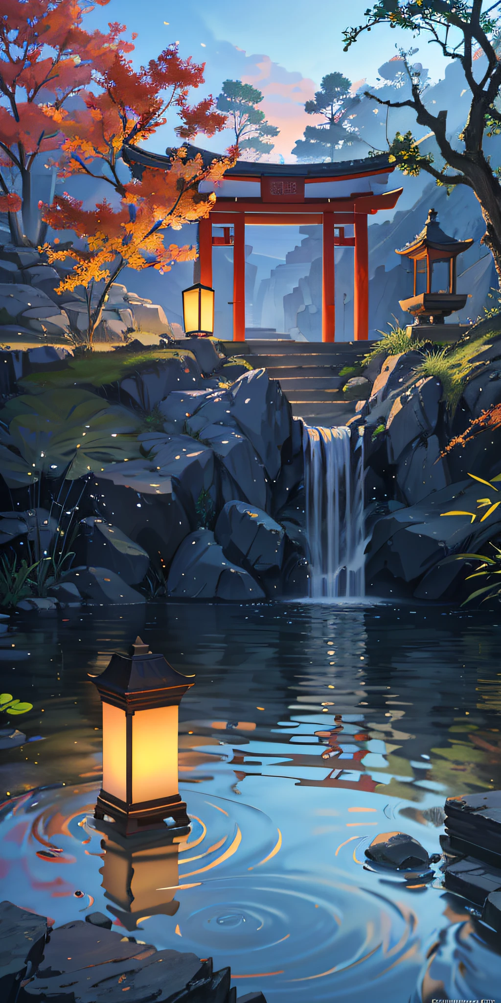 Detailed depiction of ancient Chinese architecture, autumn colors, bamboo clusters, blue waves of lakes, stone bridges and their reflections, rockeries and their textures, arch porch columns, dead tree leaves, springs lingering, thick fog, sunset sunset, detailed patterns of grass, rock textures, water lily reflections, hot spring water vapor, goldfish details, illustrated composition of birds reflecting on the lake, epic scene composition, realistic lighting, HD details and masterpiece-like quality (very detailed CG unified 8k wallpaper).