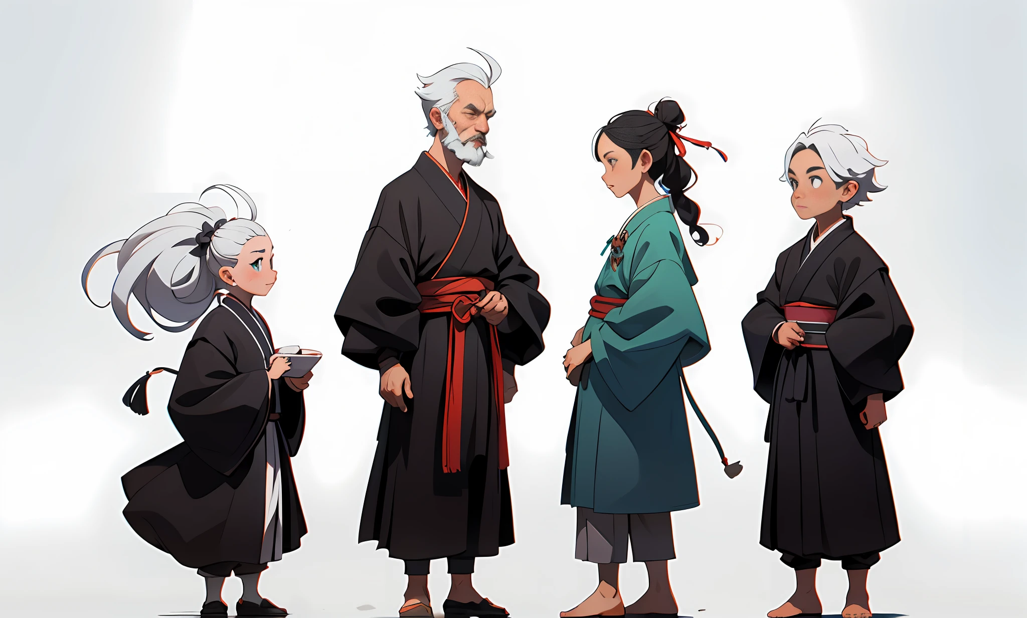 (Masterpiece, Best Quality: 1.2), Traditional Chinese Ink Painting, Ancient Chinese Clothing, 1 Man, Old Man, One Character, Taoist Priest, Gray Taoist Robe, Gray Clothes, Cloth Shoes, Long Robe, White Hair, Goatee, Beard, White Beard, Old Man: 1.5, Simple Background, White Background: 1.5, White Background, Setting Diagram, Three View, People Chart, Reference Table, Multi-View, Three-sided View, Three-sided View, Three-sided View (Side View, Front View, Front View, Back View), Front View, Standing Posture, Classical Painting, Chinese Painting Style, full body, standing posture, old man, gray hair, wise man, Guvez on ArtStation Pixiv, Guvez on Pixiv art station