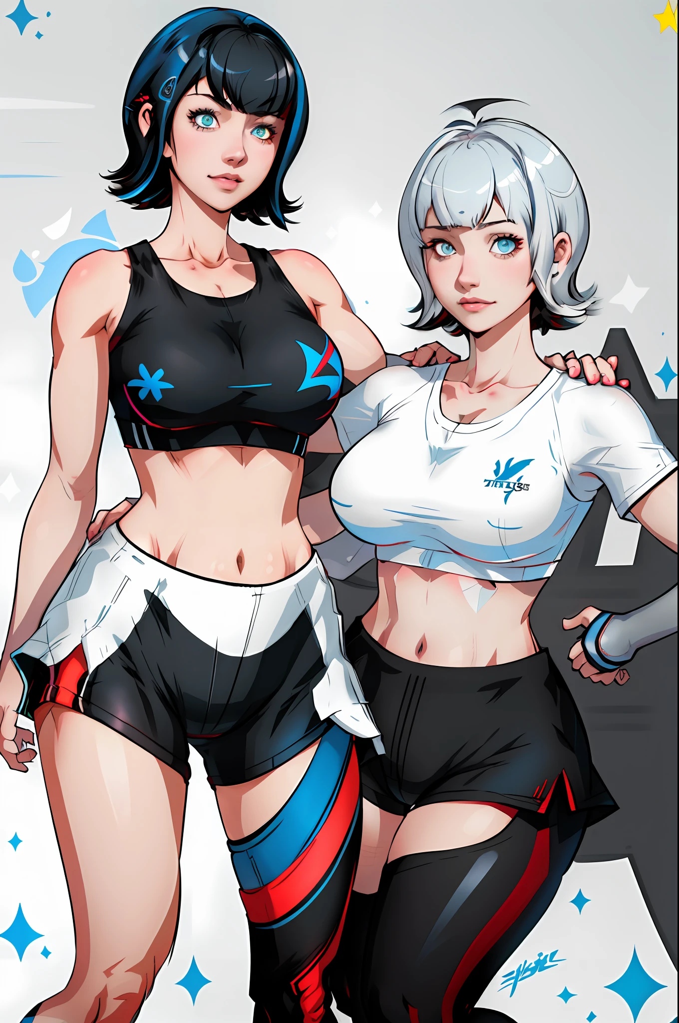1girl, highres, sharp focus, pixiv masterpiece, ((intricate details)), highly detailed, short black hair, fair skin, red and blue eyes, heterochromia, short hair, costume: sportswear, leggings, sports bra, joy ride style, ilya kuvshinov,