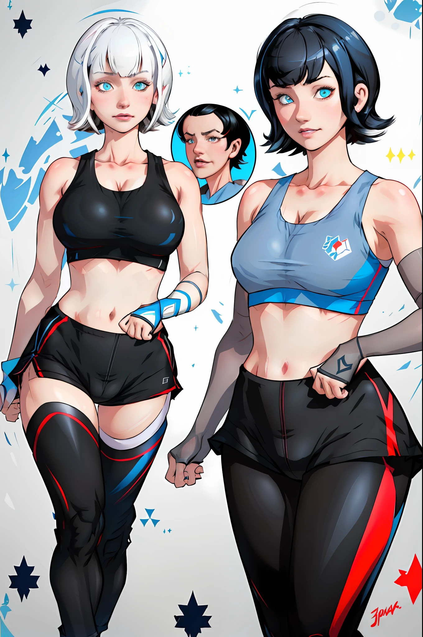 1girl, highres, sharp focus, pixiv masterpiece, ((intricate details)), highly detailed, short black hair, fair skin, red and blue eyes, heterochromia, short hair, costume: sportswear, leggings, sports bra, joy ride style, ilya kuvshinov,