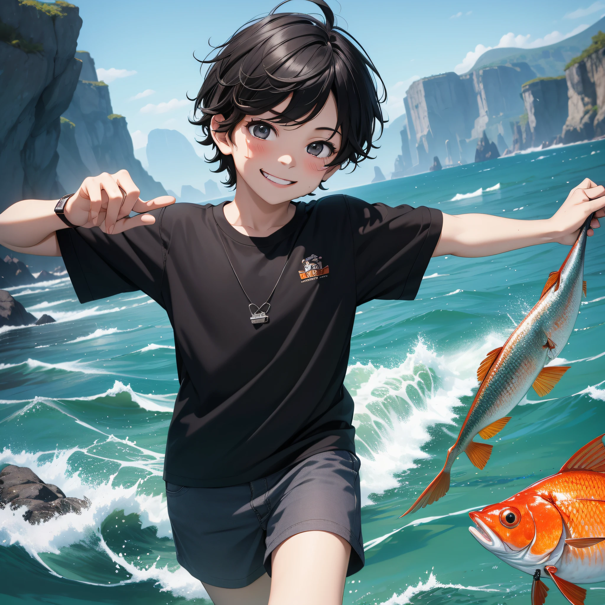 Ridiculous resolution, high resolution, (masterpiece: 1.4), hyper-detail, -yeld boessy short black hair, bad smile, grimace, catching fish