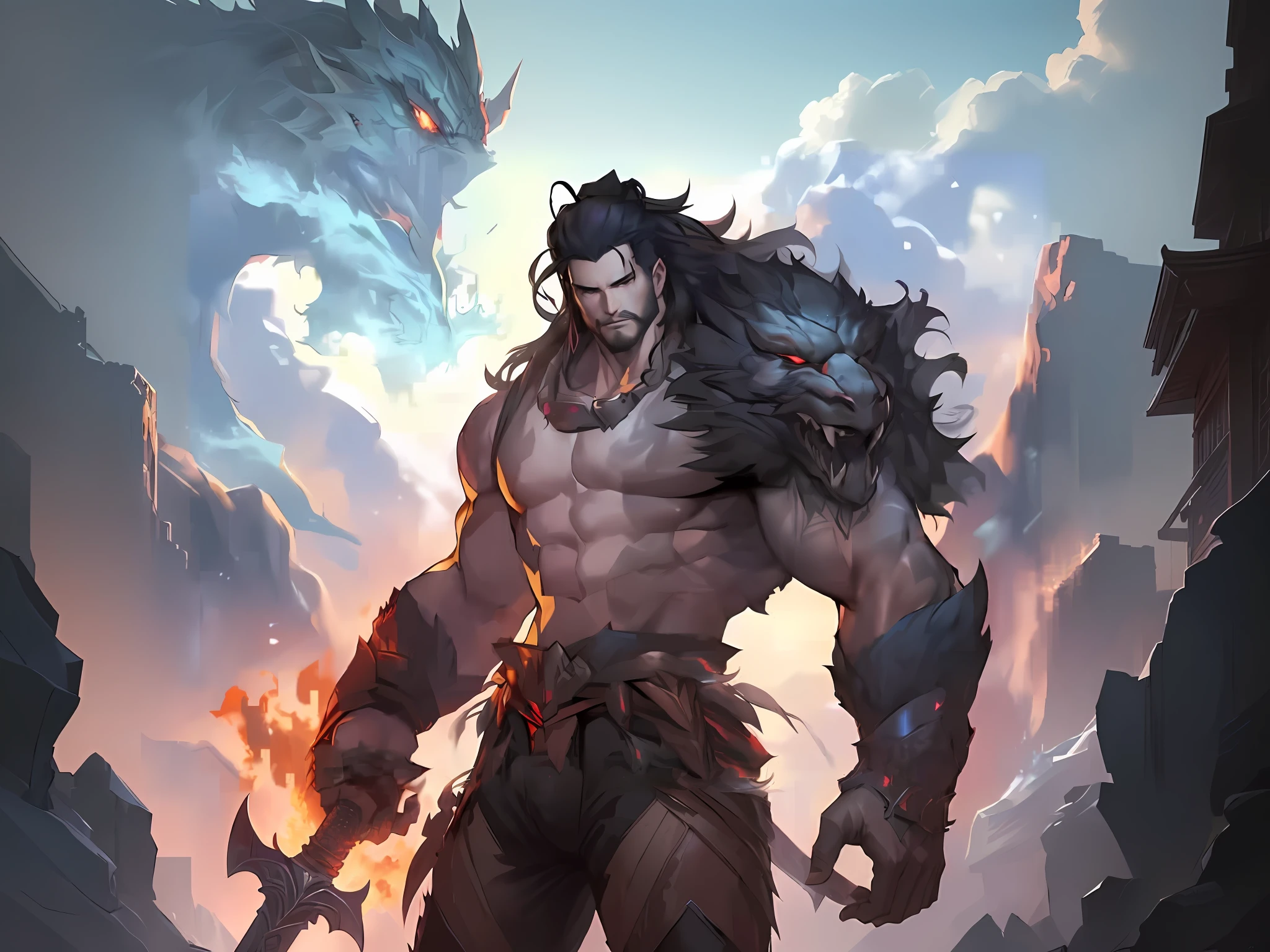 a close up of a man with a sword and a fire, bian lian, human and dragon fusion, sylas, berserker potrait, muscular werewolf, handsome guy in demon slayer art, by Yang J, epic fantasy art style, g liulian art style, male centaur centaur chimera, male vampire of clan banu haqim