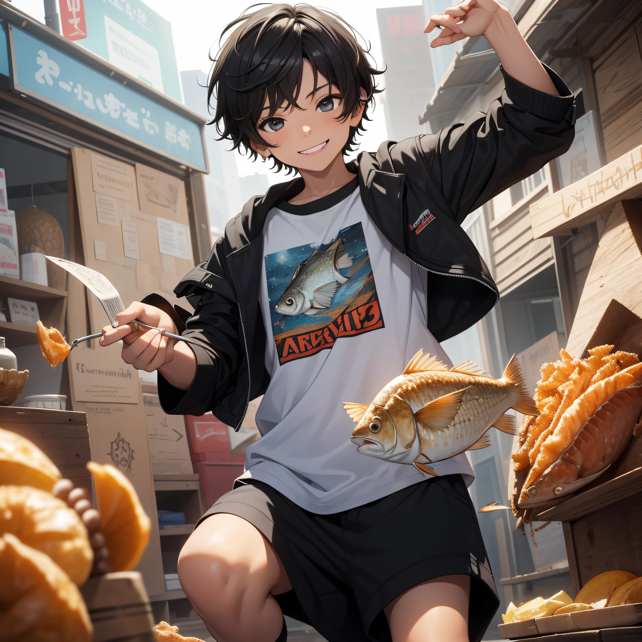 Absurd resolution, high resolution, (masterpiece: 1.4), hyper-detail, 10-year-old boy messy short black hair, bad smile, grimace, fried fish