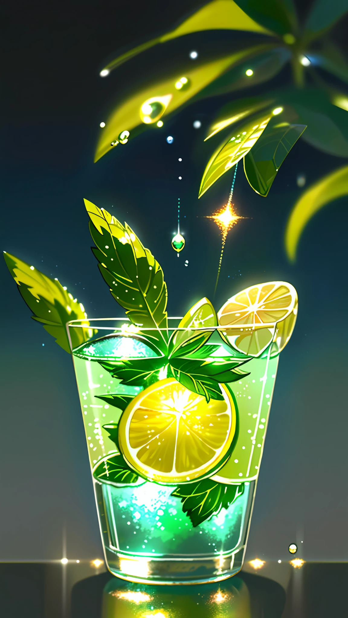 Wallpaper, glasses, sparkling water, ice cubes, small water droplets, small lemon slices, small mint, tropical plants, hot weather, HD details, wet small water droplets, hyper-detail, cinematic, surrealism, soft light, deep field focused bokeh, ray tracing, diffuse reflection (ultra-fine glass reflection) and surrealism. --v6