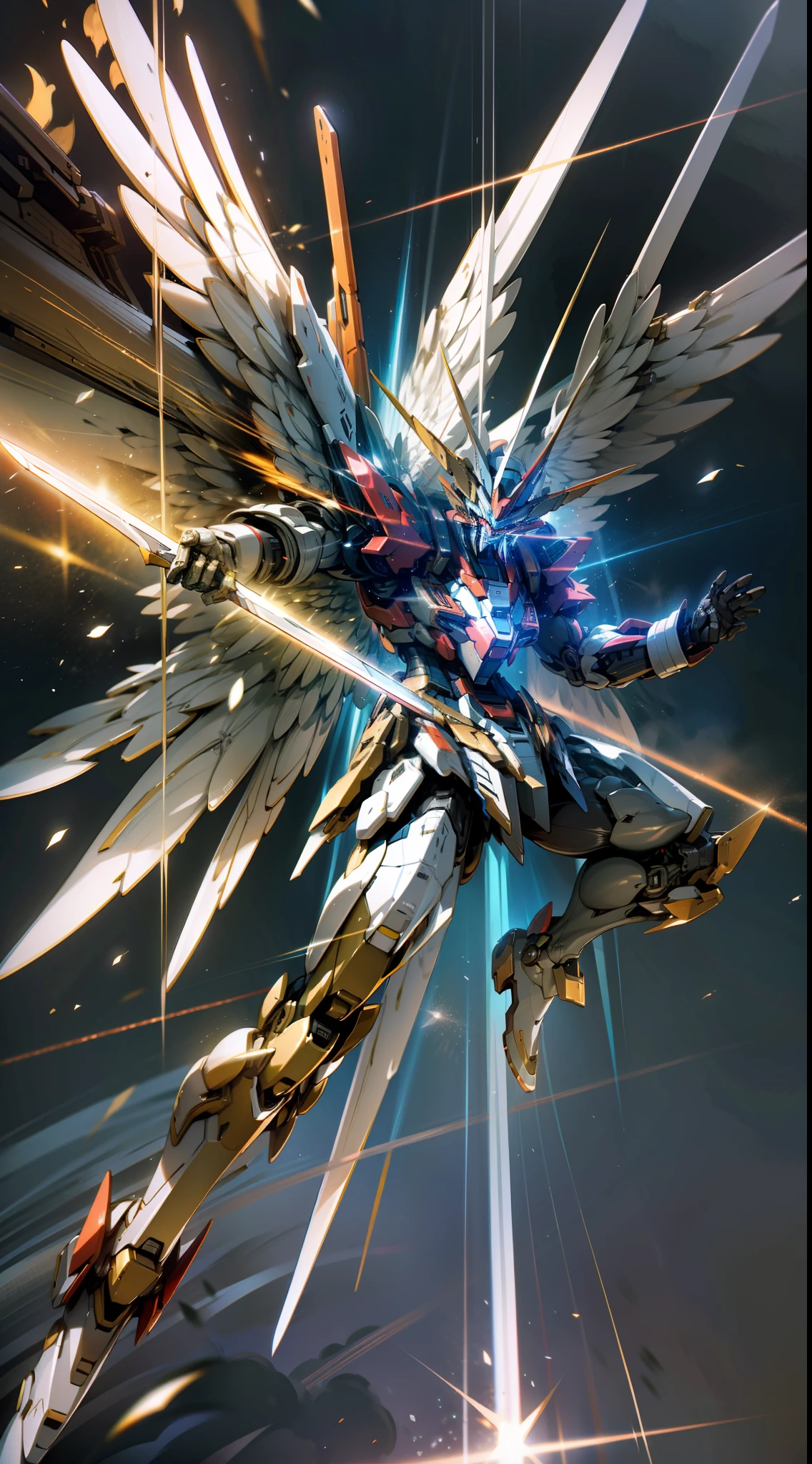 Dynamic Photography, Fuji, Long Exposure, Black Gold Gundam Mecha, Gundam Style, Spread Wings, Huge Body, Holding a Red Glowing Sword CG Digital Rendering, Storytelling Camera Perspective, Battle Stance Display, Dispersion, Feature Article, Studio Environment, Battle Stance, Soft Ambient Light, HD Detail, Metallic and Tension Composition, Hyper-Realism , C4D, OC Render, 3D, Ultra HD16k, --ar 3:4 --niji5