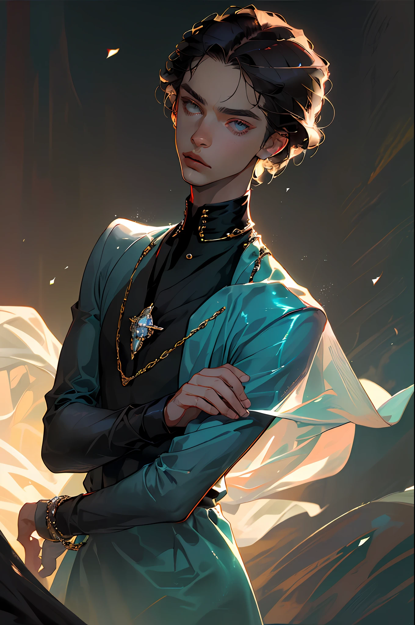 (best quality, masterpiece), boy, fashionable clothing, gucci, male model, fine details on face, elegant man, elegant young man, fashion, jewelry, whole body, detailed face, movie light, gray eyes, (dark circles), dark colors, short hair, dark hair, indirect light, look at the viewer, melancholic look