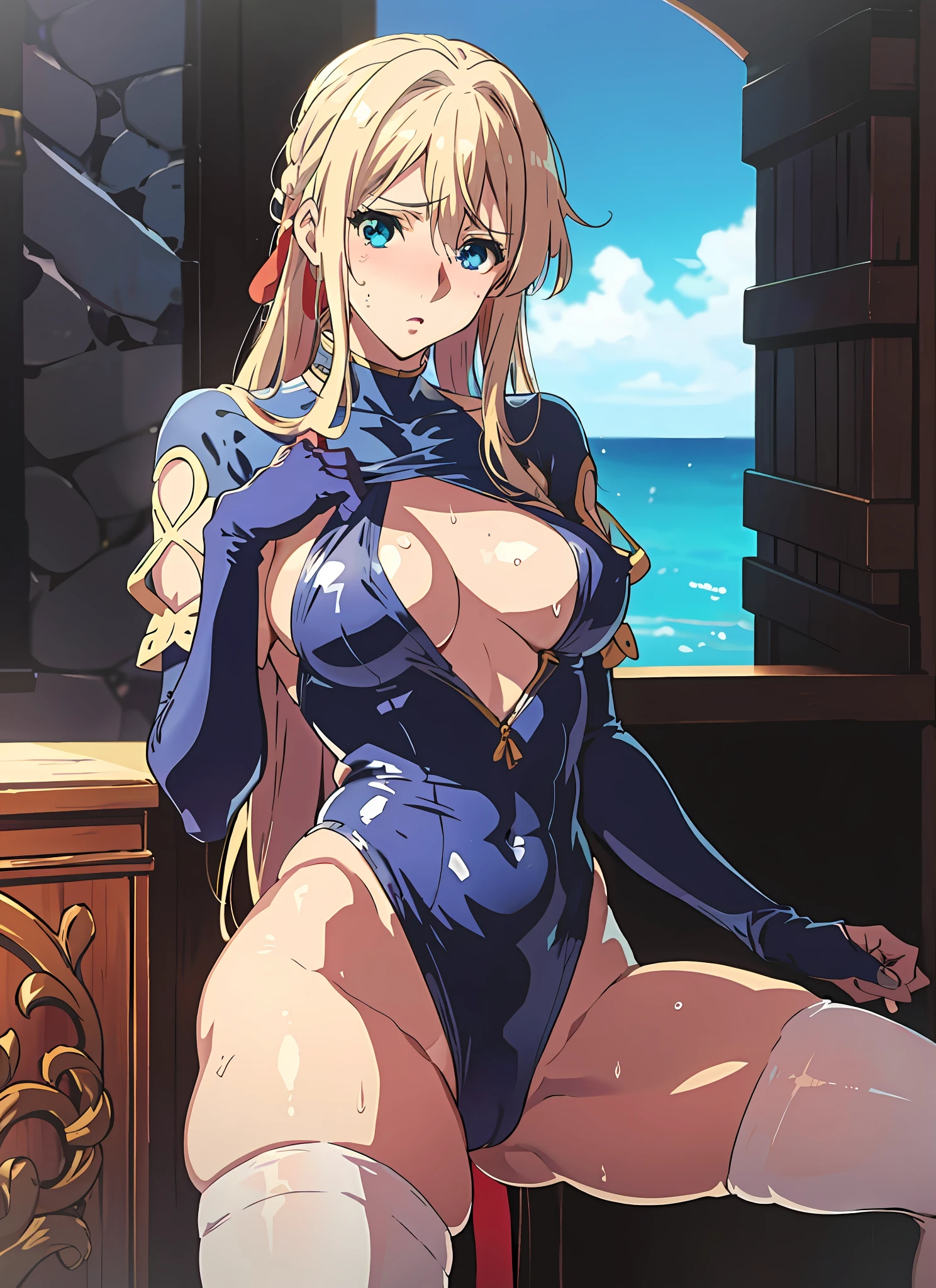 Violet evergarden, one piece swimsuit, blonde, red ribbon, blue eyes, long gloves , spreading legs, cameltoe, sweating, embarrassed