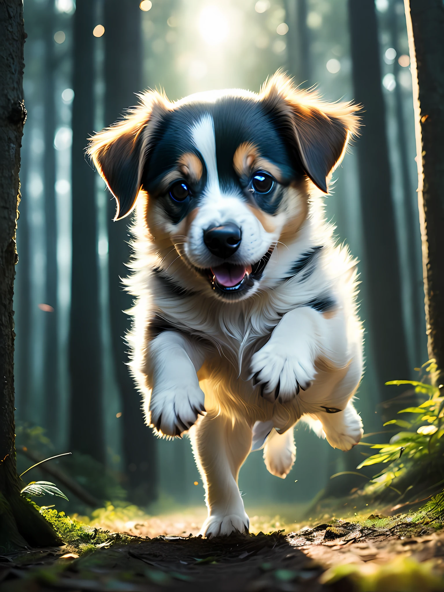 close up photo of a very cute jumping puppy in the forest, soft volumetric lights, (backlit:1.3), (cinematic:1.2), intricate details, (ArtStation:1.3), Rutkowski