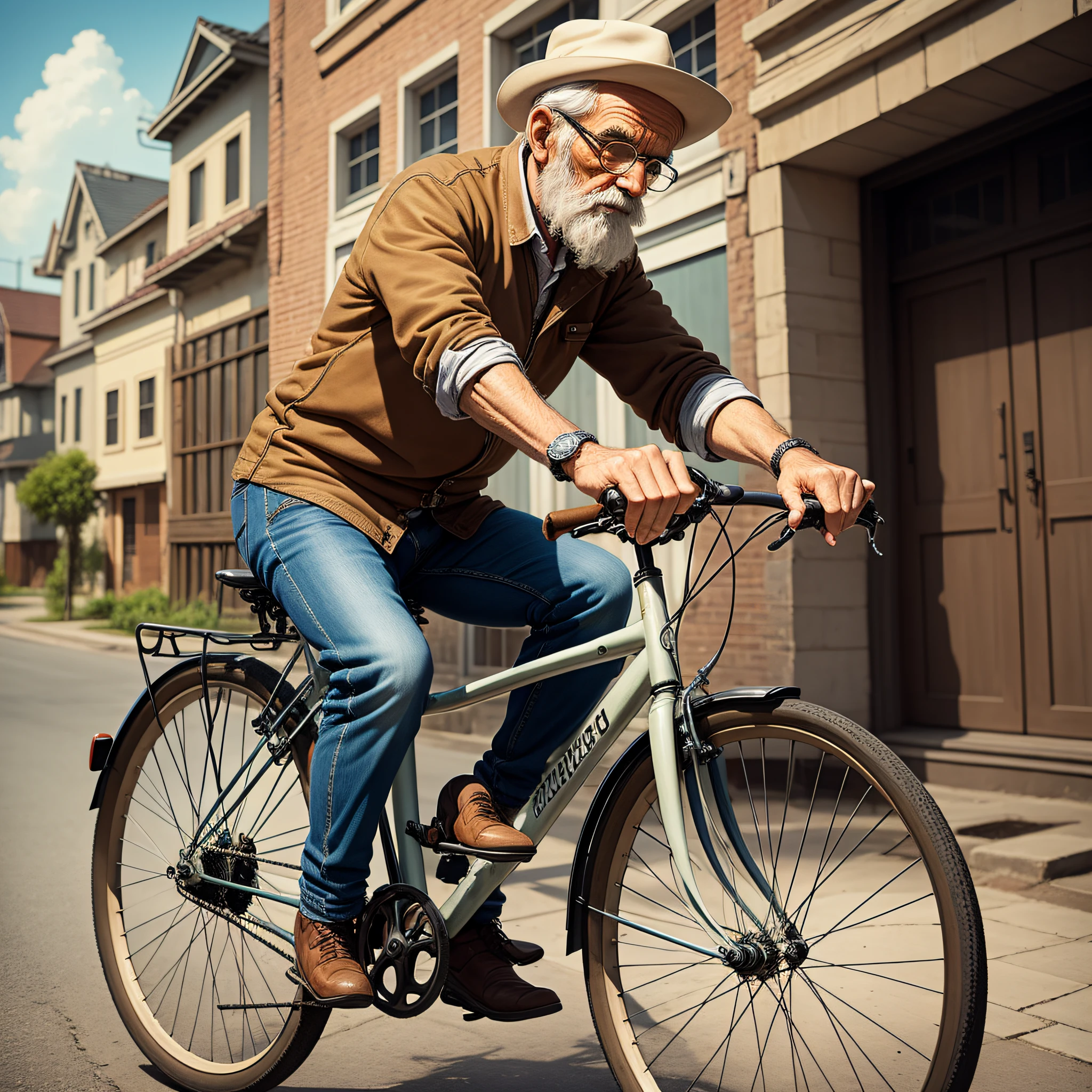 Realistic illustration of old man riding on old bicycle
