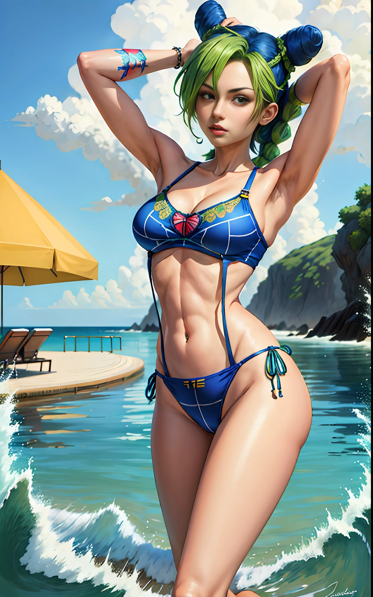 masterpiece, best quality, anime art, solo, 1girl, jolynejojo, half body, digital art, masterpiece, green and blue hair, cropped, bra, bikini, beach