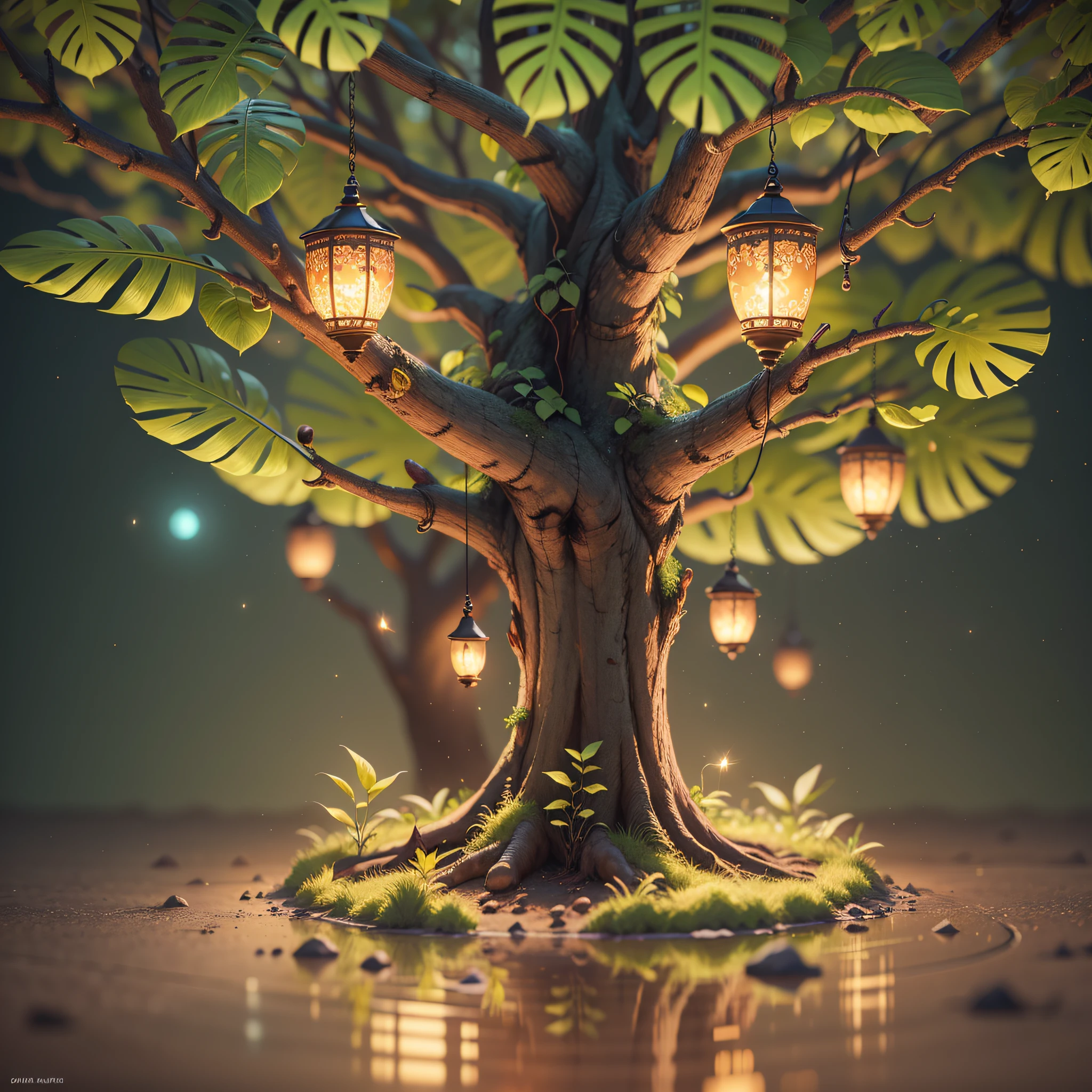 Masterpiece, Best Quality, (Highly Detailed 8k Unity CG Wallpapers), (Best Quality), (Best Illustrations), (Best Shadows), Baoba Tree Theme with natural elements. African savannah surrounded by delicate leaves and branches, with fireflies and glowing particle effects, (natural elements), (jungle theme), (leaves), (branches), (fireflies), butterflies, (delicate leaves) , (glow), (particle effects). , 3D isometric, Octane rendering, ray tracing, super detailed --auto --s2