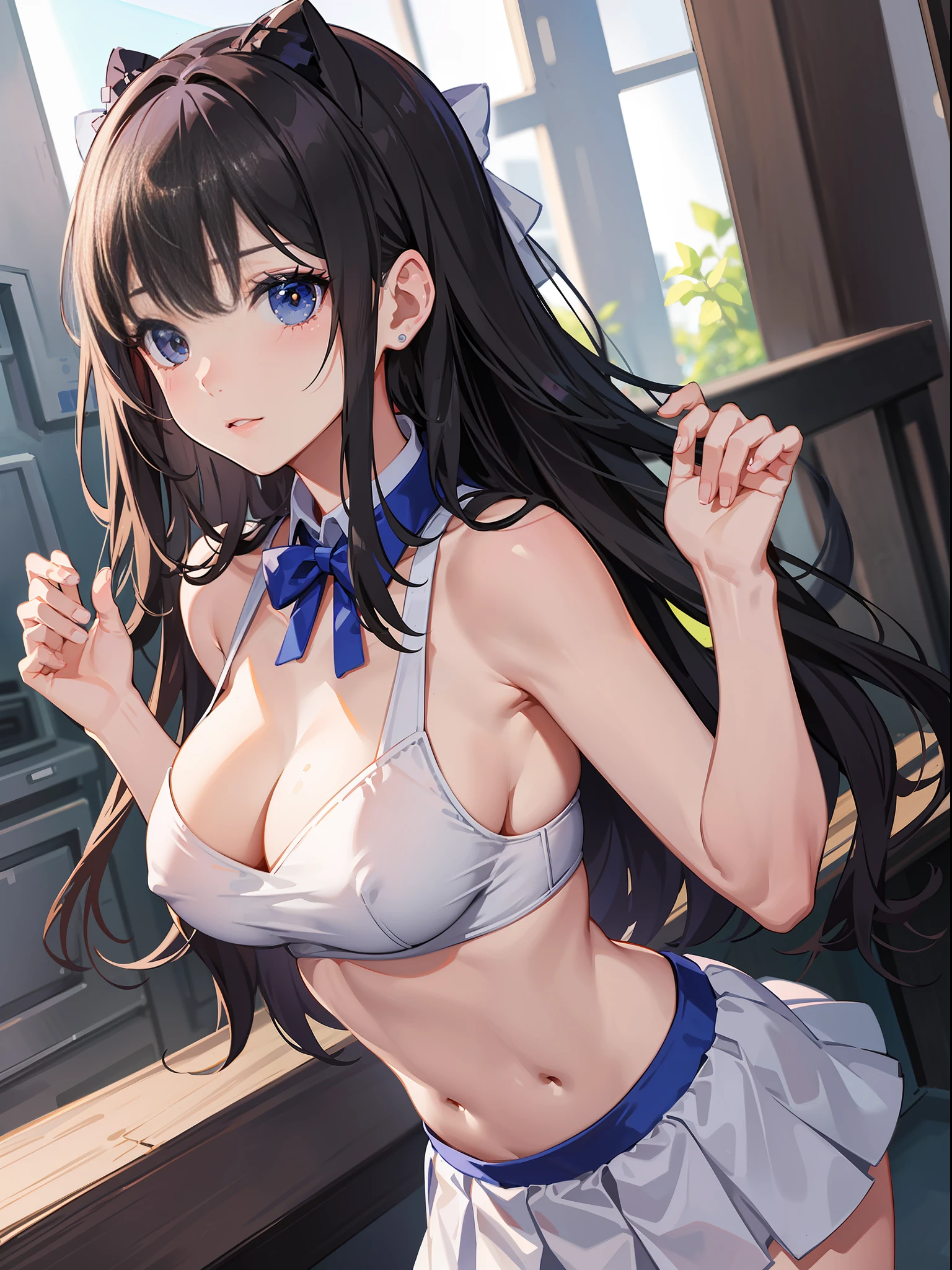 slender beautiful girl, cheerleader, high resolution, top quality, super detail, wedge, fine details, no blush, club room