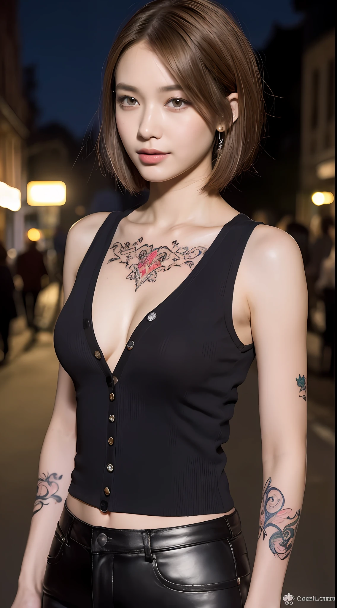(night, soft lighting, top quality, 8k, masterpiece, raw photo: 1.3),mysterious, beautiful young woman, fantasy, red colored eyes, slender eyes, narrow eyes, symmetrical eyes, (highlight color hair, short cut hair, bob cut hair style), earrings, thin bracelet on wrist, (full body, sleeveless shirt, tank top, shirt with buttons, Tight pants: 1.2), super detailed, intricate details, highly detailed face and skin tone, slim body, (body full body tattoo, tattooed all over body), detailed eyes, realistic, makeup, intellectual, bewitching, beautiful standing figure, small breasts, medieval european cityscape, street at night, invincible smile