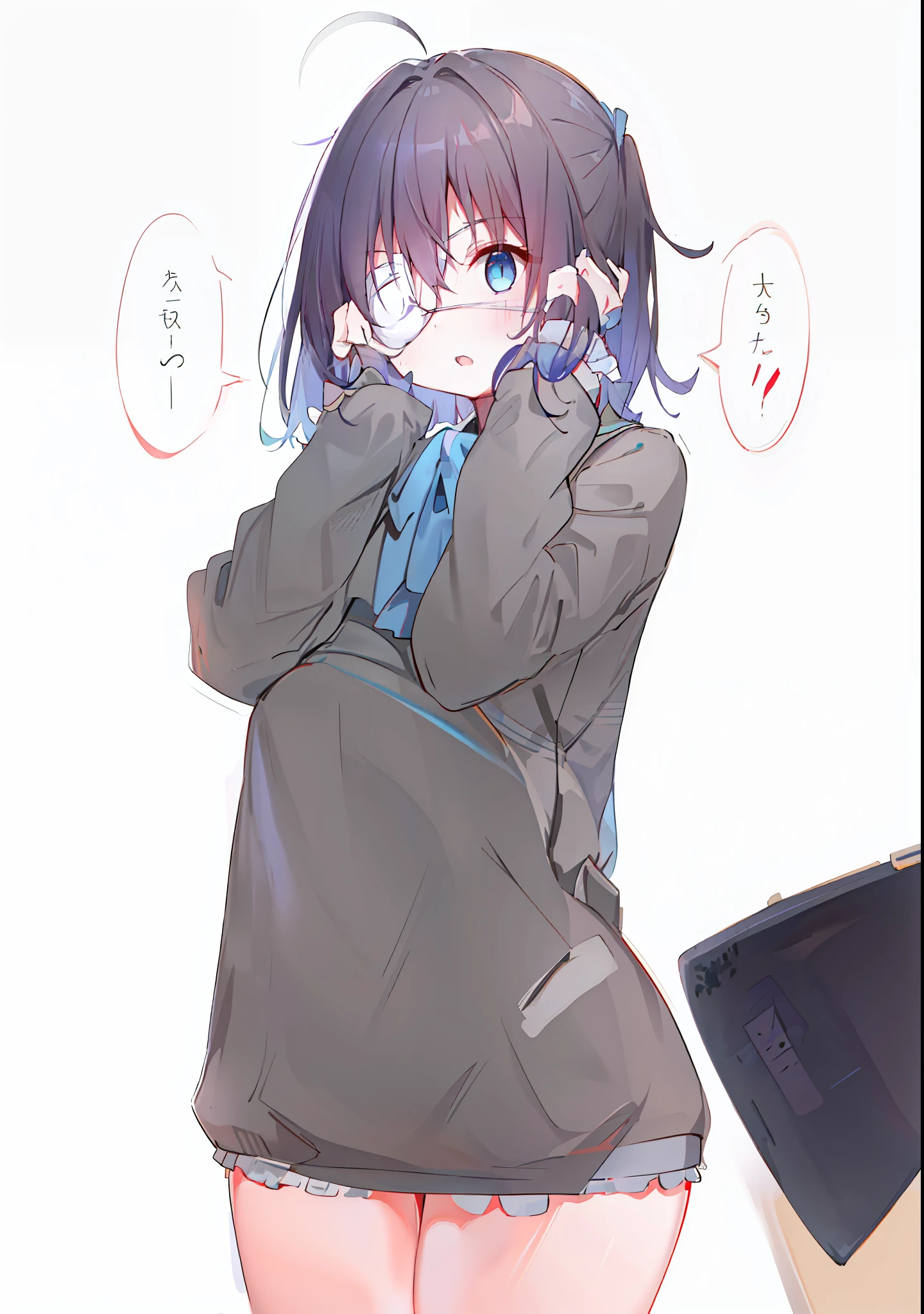 high res, masterpiece,Rikka Takanashi, black hair, solo, 1girl,outside,deatailed background, detailed eyes, ((blue eyes)), eyepatch