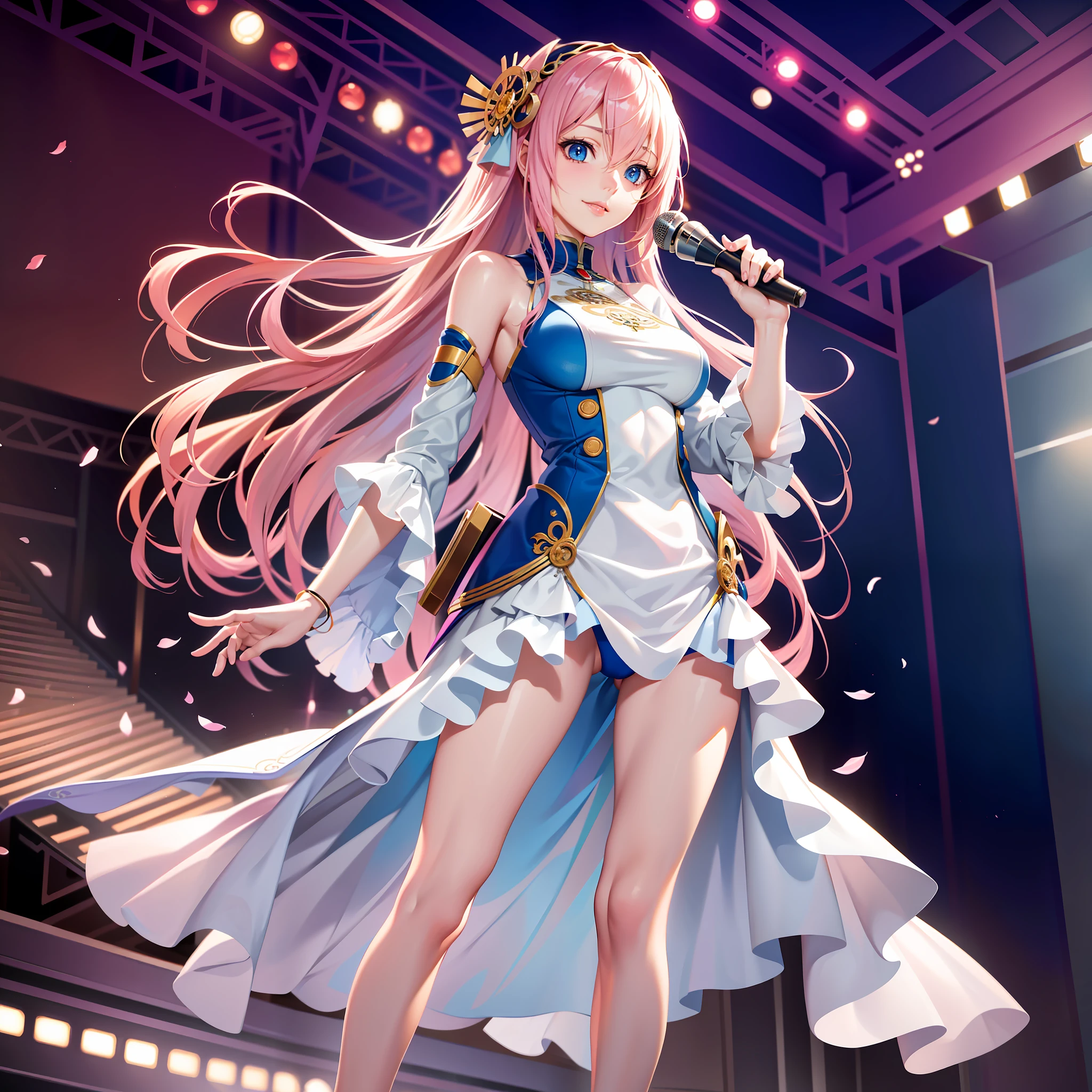 pale tones, photorealistic, beautiful attractive anime girl, super detailed, smile, beautiful blue eyes, beautiful style, megurine luka, pink hair, slender, gentle look, slender, slender, (seductive anime girl), full body, beautiful skin, cocktail dress, on stage, while singing,
