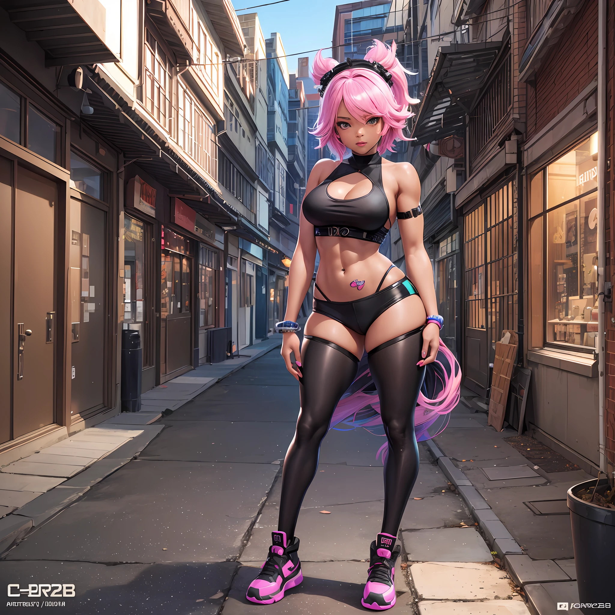 CBZBB, super cute black girl, colorful casual clothes, chibbi Rihanna, 'Moana', pink hair, muscular arms, daytime urban background, artstation, full body, soft lighting, very detailed, detailed background, intricate details, sharp focus, 3D CGI, Cycles Render, Artstation, CGSociety --auto --s2