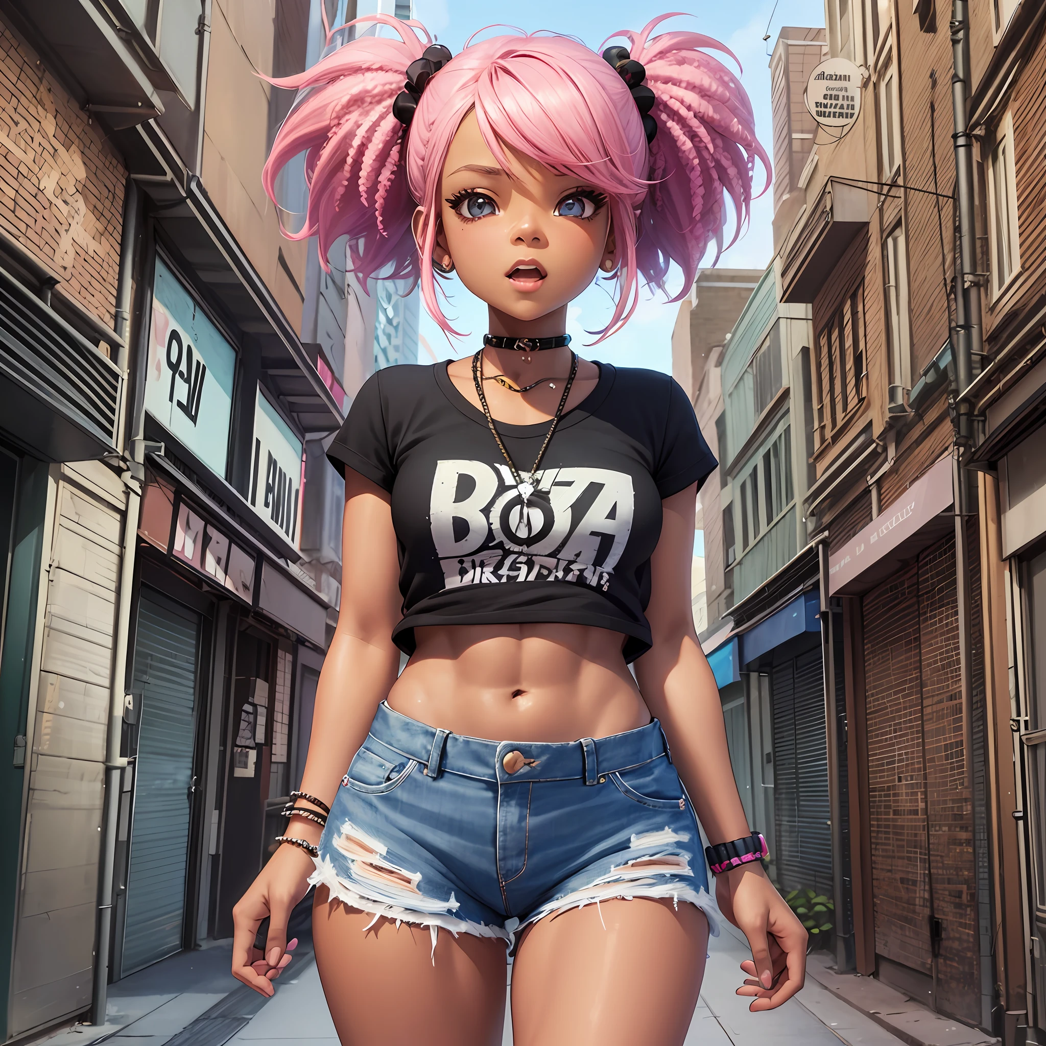 CBZBB, super cute black girl, colorful casual clothes, chibbi Rihanna, 'Moana', pink hair, muscular arms, daytime urban background, artstation, full body, soft lighting, very detailed, detailed background, intricate details, sharp focus, 3D CGI, Cycles Render, Artstation, CGSociety --auto --s2