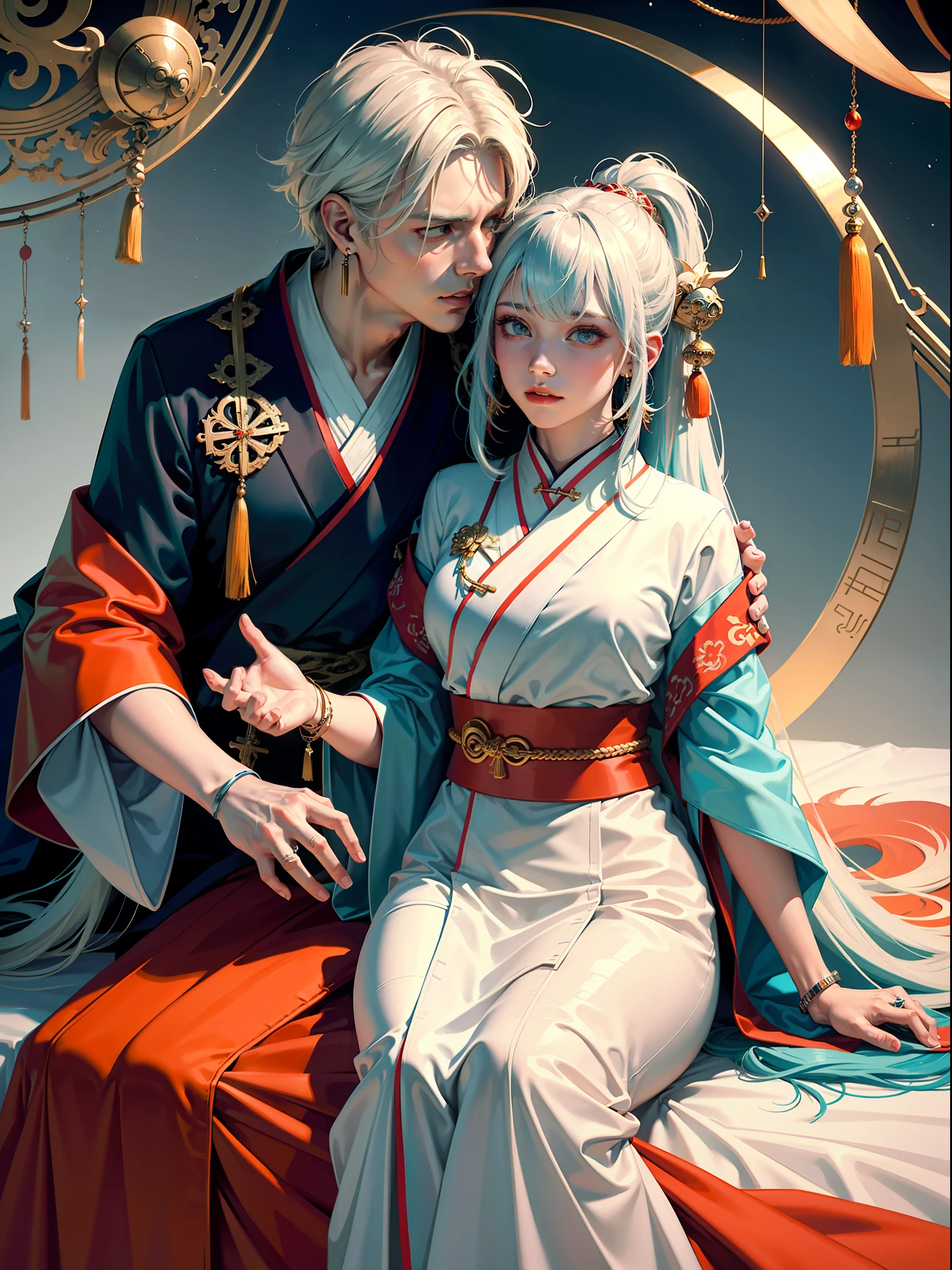 Concept Art, "1 Couple, Male Focus, Fin Ears, Multicolored Hair, Handsome Boy, Long White Hair, Tassels, Bangs, Carp, Colorful, Bold Colors, White Kimono, (Open) Kimono, Traditional Chinese Clothing, Close-up, Intimate Interaction in Bed, Stud Earrings, Rings, Sweat, Illuminate People", Colorful, Master Composition, Focus on Key Figures, Realism, Masterpiece, Award-Standing, Best Quality, Masterpiece, Ultra Detailed, 8K, Extremely Detailed CG Unity 8k wallpaper, complex, highly detailedrealistic