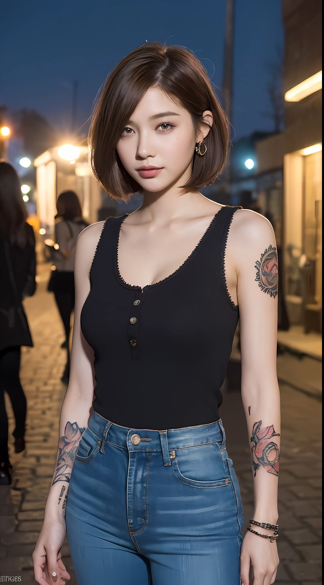 (night, soft lighting, top quality, 8k, masterpiece, raw photo: 1.3),mysterious, beautiful young woman, fantasy, red colored eyes, slender eyes, narrow eyes, symmetrical eyes, (highlight color hair, short cut hair, bob cut hair style), earrings, thin bracelet on wrist, (full body, sleeveless shirt, tank top, shirt with buttons, Tight pants: 1.2), super detailed, intricate details, highly detailed face and skin tone, slim body, (body full body tattoo, tattooed all over body), detailed eyes, realistic, makeup, intellectual, bewitching, beautiful standing figure, small breasts, medieval european cityscape, street at night, invincible smile