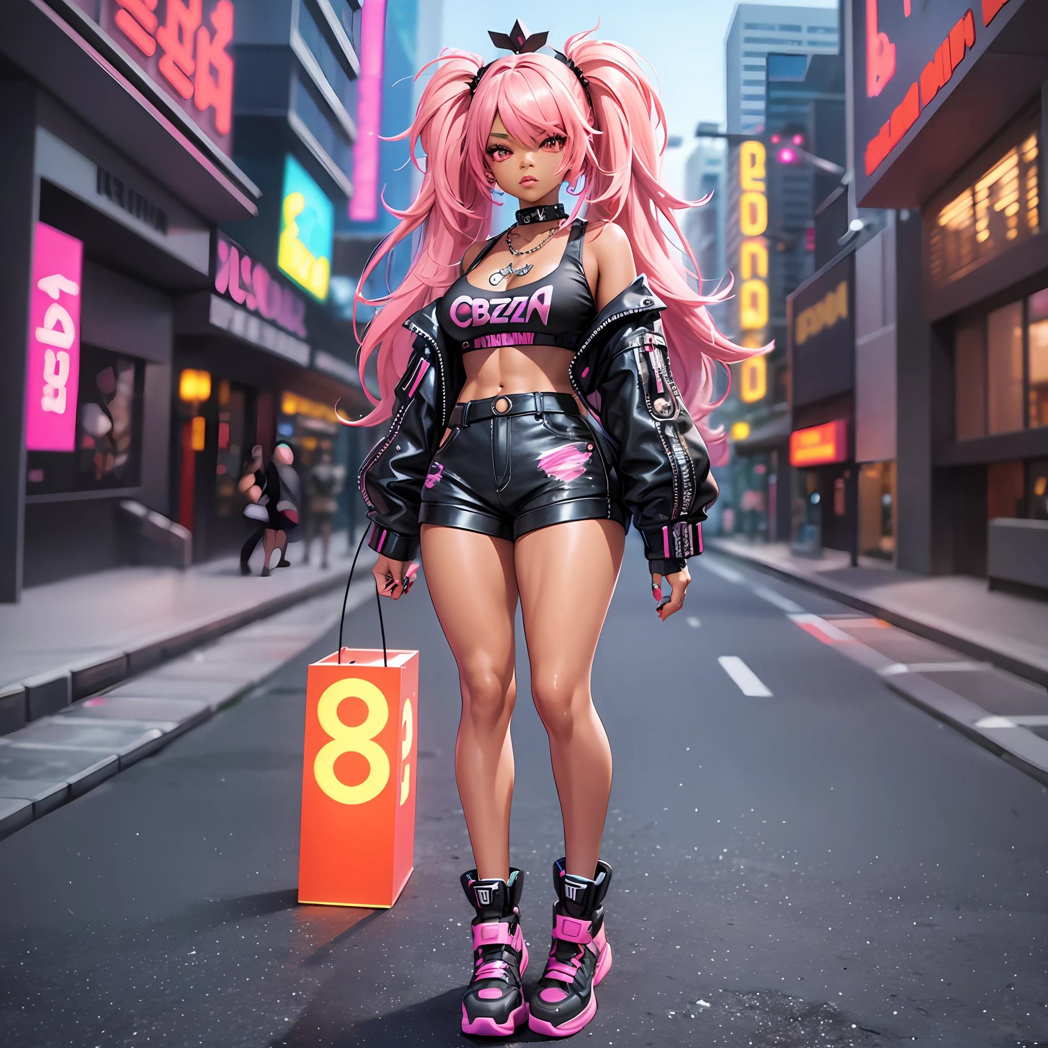 CBZBB super cute black girl, colorful casual clothes, Rihanna chibbi, 'Moana', long pink hair, muscular arms, detailed daytime cyberpunk urban background, artstation, full body, soft lighting, very detailed, intricate details, sharp focus, 3D CGI, Cycles Render, Artstation, CGSociety --auto --s2