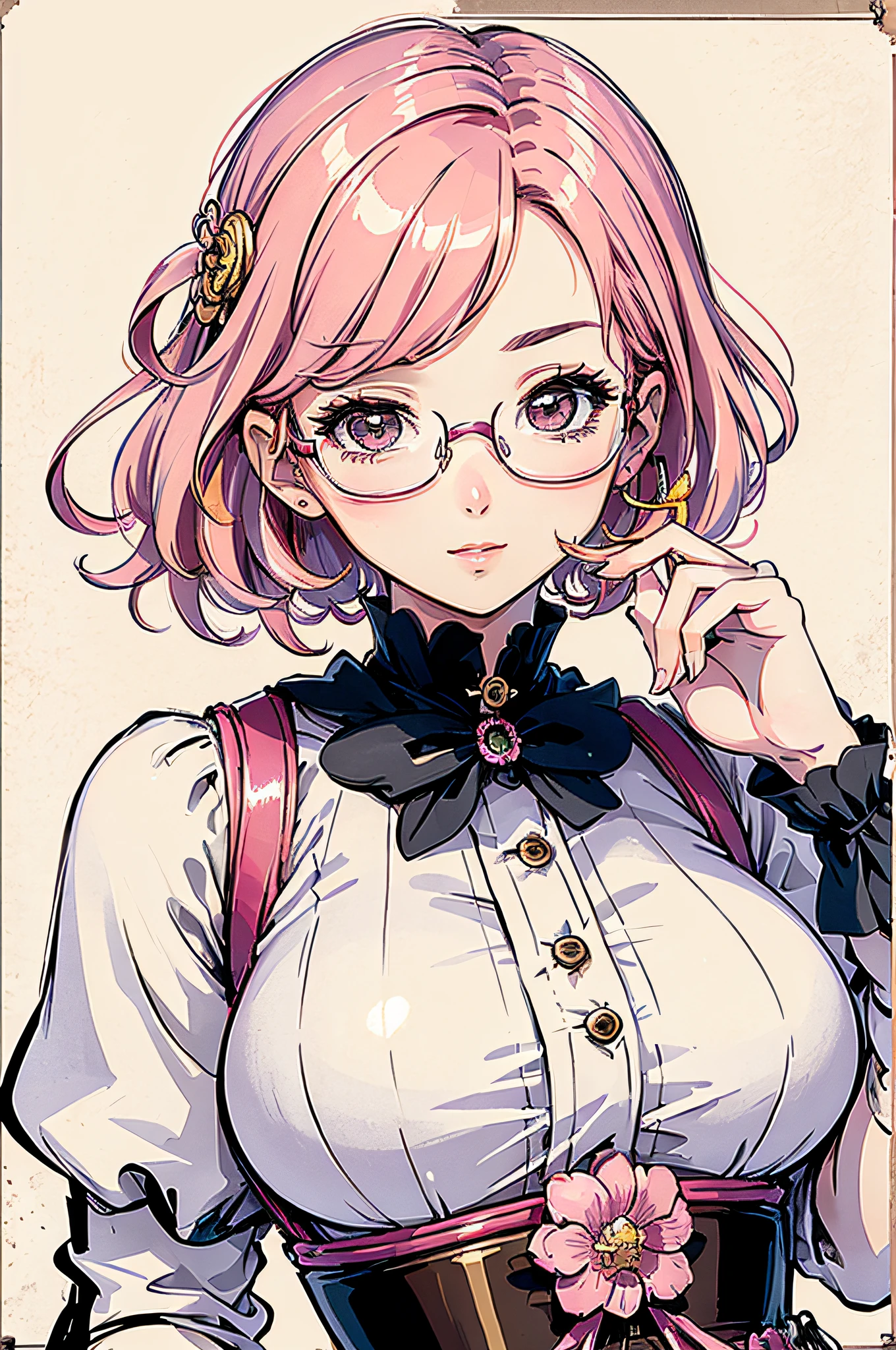 (masterpiece:1.2, best quality), (dinamic lighting) 1lady, solo, short hair, big breasts,  (shiny skin:1.2), upper body, monocle, glasses, modern, wavy pink hair,Suspenders, flower on ear, harajuku style, hair pin, loli ,ahoge