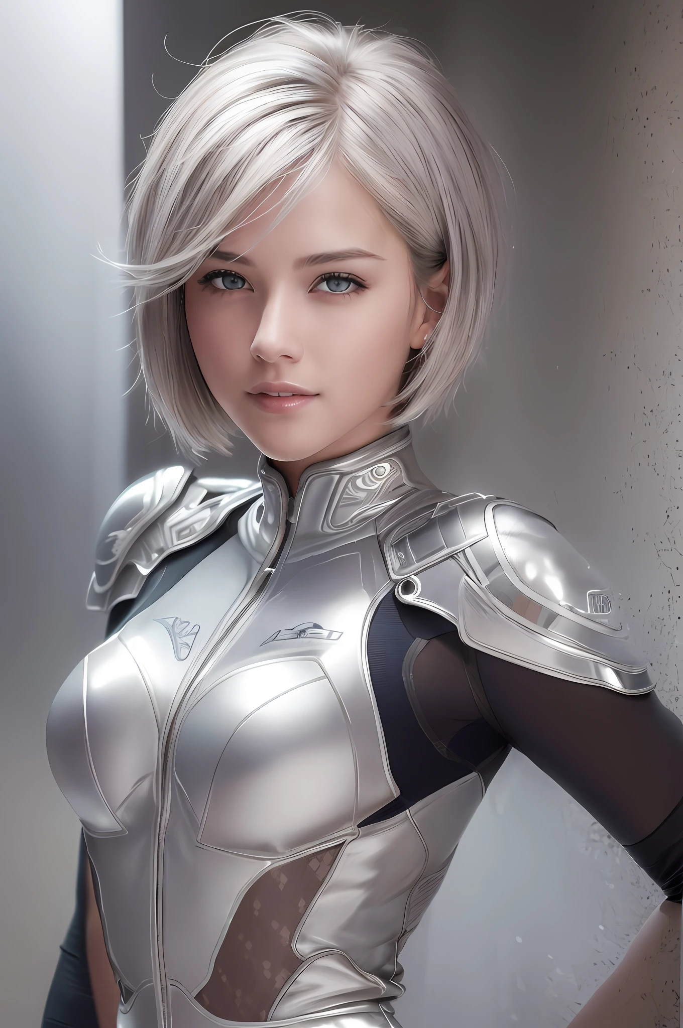 (8k, photorealistic, RAW photo, best quality: 1.4), (1girl), super beautiful, (realistic face), (boyish, silver color berry short hair), beautiful rider suit, seduce viewer, beautiful expression, beautiful breasts, (realistic skin), beautiful smile, (racer), attractive, ultra high definition, ultra realistic, high definition, spoiled