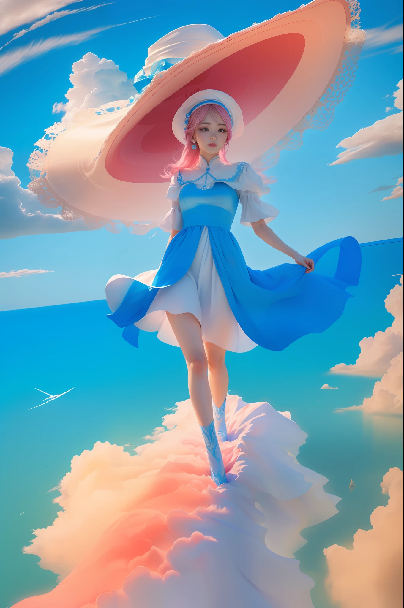 (8k, RAW photo, photorealistic:1.25) ,( lip gloss, eyelashes, glossy side, shiny skin, best quality, ultra high resolution, depth of field, chromatic aberration, caustic, wide light, natural shadow, headwear, kpop idol) ,light pink and blue style, 1girl, (blue sky: 1.5), tall and thin beauty goddess, flowing dress, conservative girl, cloud goddess, flowing white fabric, wearing a flowing dress, realistic, (background with blue sky and white clouds: 1.4), (wind: 1.5), (full body: 1.5), add_detail,