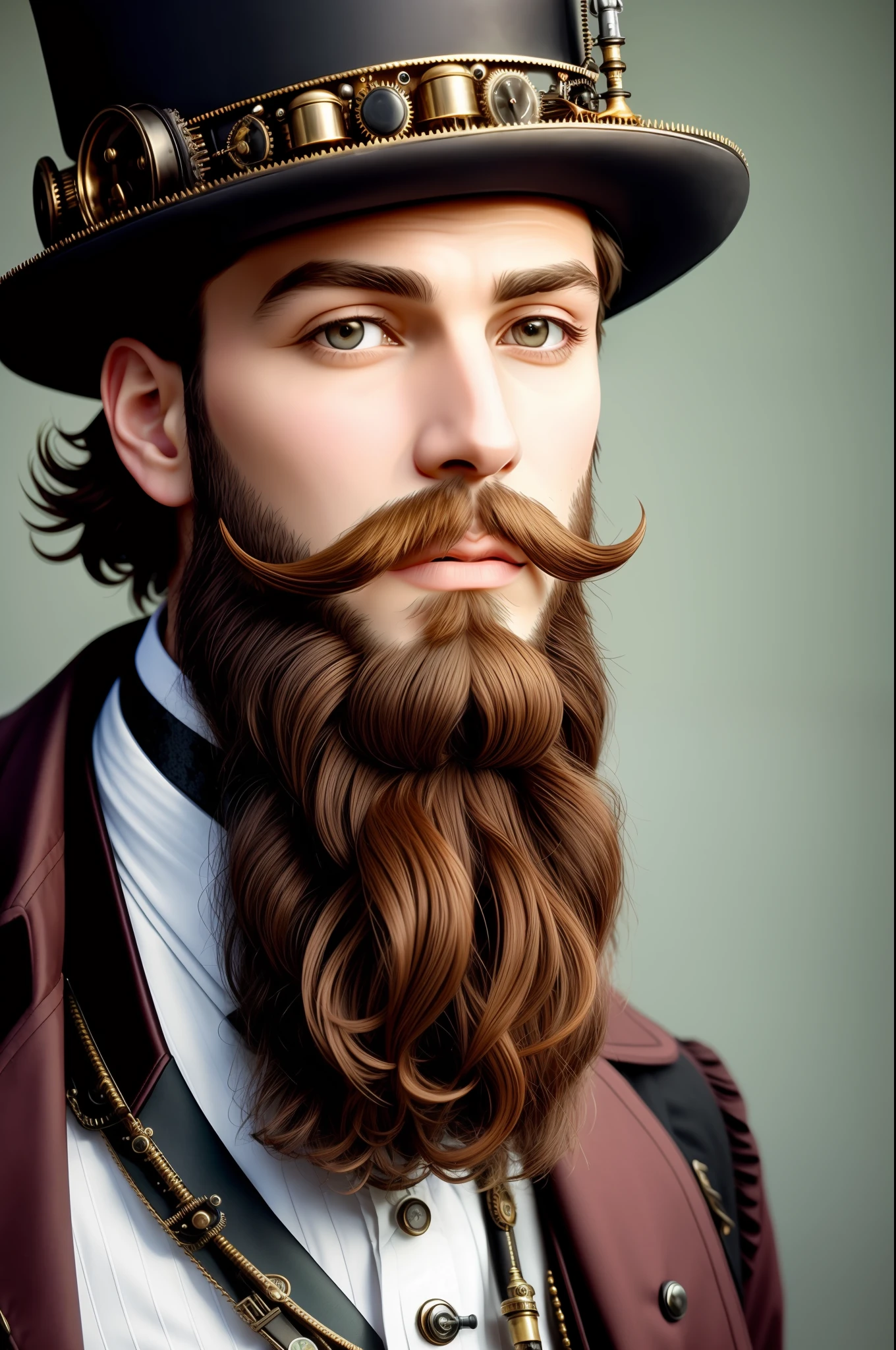 close up, gentelman in the hat with beard, victorian era, ((steampunk)), cinematography, crafted, elegant, meticulous, magnificent, maximum details, extremely hyper aesthetic, intricately detailed
