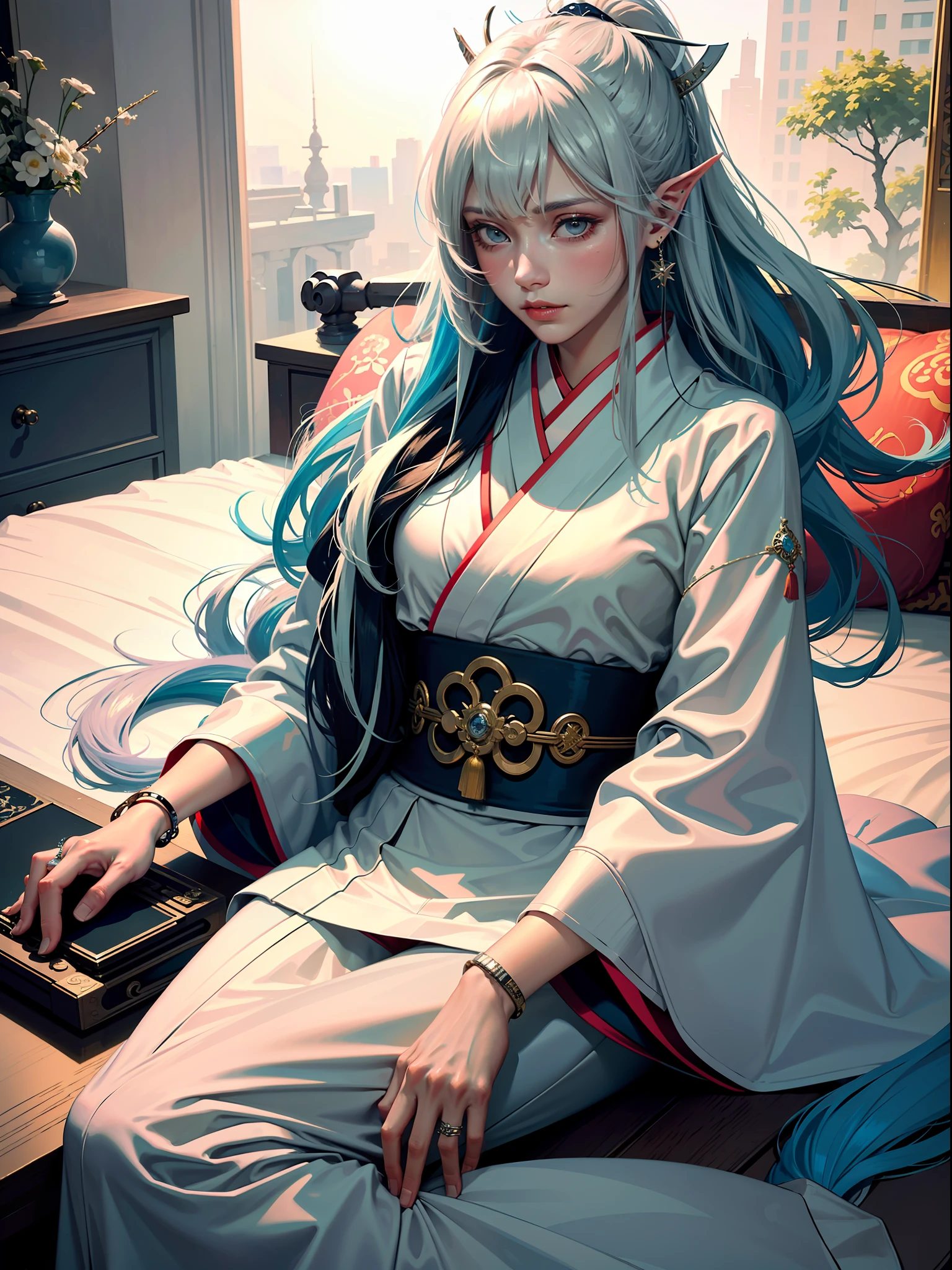 Concept Art, "1 Couple, Male Focus, Fin Ears, Multicolored Hair, Handsome Boy, Long White Hair, Tassels, Bangs, Carp, Colorful, Bold Colors, White Kimono, (Open) Kimono, Traditional Chinese Clothing, Close-up, Intimate Interaction in Bed, Stud Earrings, Rings, Sweat, Illuminate People", Colorful, Master Composition, Focus on Key Figures, Realism, Masterpiece, Award-Standing, Best Quality, Masterpiece, Ultra Detailed, 8K, Extremely Detailed CG Unity 8k wallpaper, complex, highly detailedrealistic