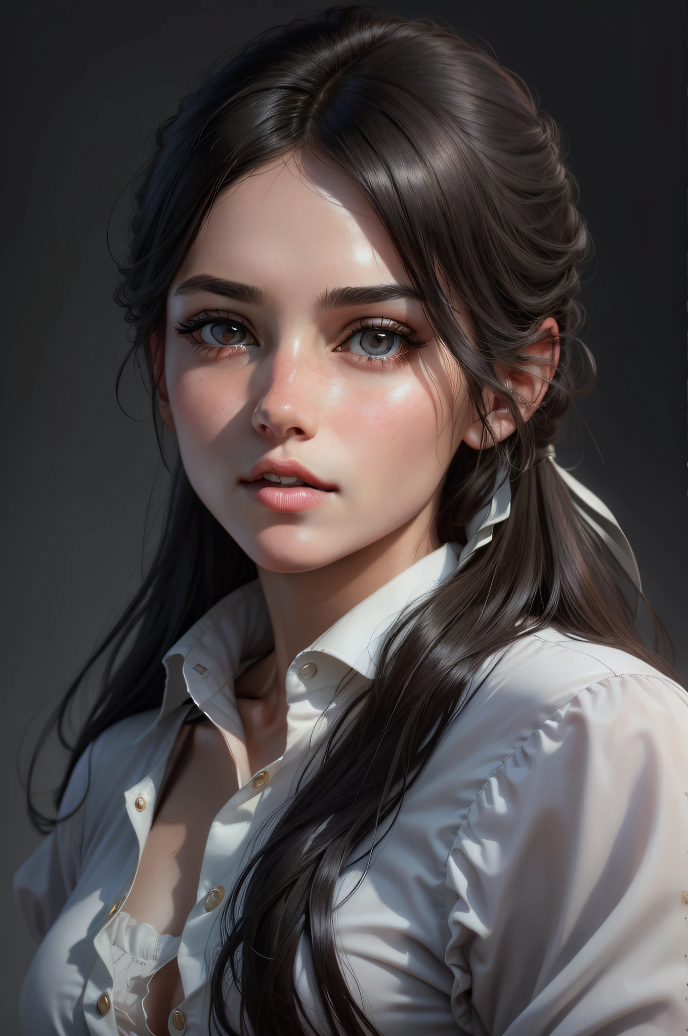 photoreal, (portrait of a girl), she stares at us,sunlight, cinematic light, bangs, beautiful woman, beautiful black eyes, black hair, white camisole dress perfect bust, scaled up of face from the will, face and body are facing forward, so cute, princess eyes, (black eyes) , (head in frame), center image, stylized, Amazingly beautiful 30-year-old beauty facing the viewer directly with a symmetrical and balanced body --auto --s2