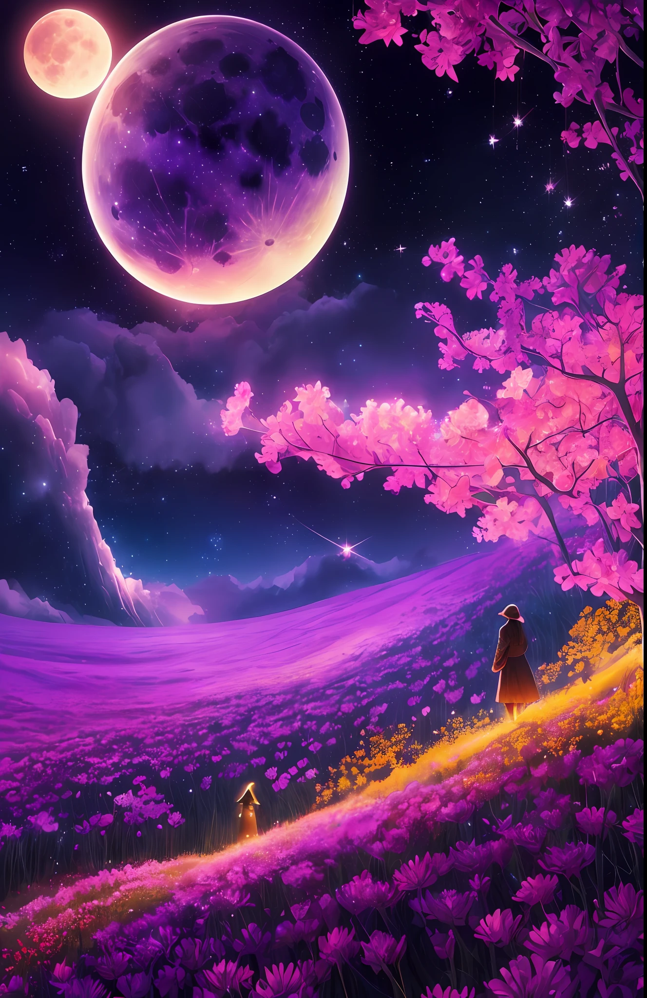 (expansive landscape artwork), (dramatic sky above, open field below), (a figure standing amidst a field of flowers, gazing upward), (luminous full moon:1.2), (captivating shooting stars:0.9), (mystical nebula:1.3), distant mountains, towering tree BREAK (production art), (warm and inviting light source:1.2), (magical Firefly:1.2), enchanting lamp, abundant purple and orange hues, intricate and elaborate details, ethereal volumetric lighting BREAK (exquisite masterpiece:1.2), (unparalleled quality), 4K resolution, ultra-detailed rendering, (dynamic and engaging composition:1.4), richly detailed elements, vibrant and lively colors, (iridescent colors:1.2), (softly glowing and atmospheric lighting), dreamlike and enchanting atmosphere, (solitary atmosphere, (solitary figure:1.2) --auto --s2