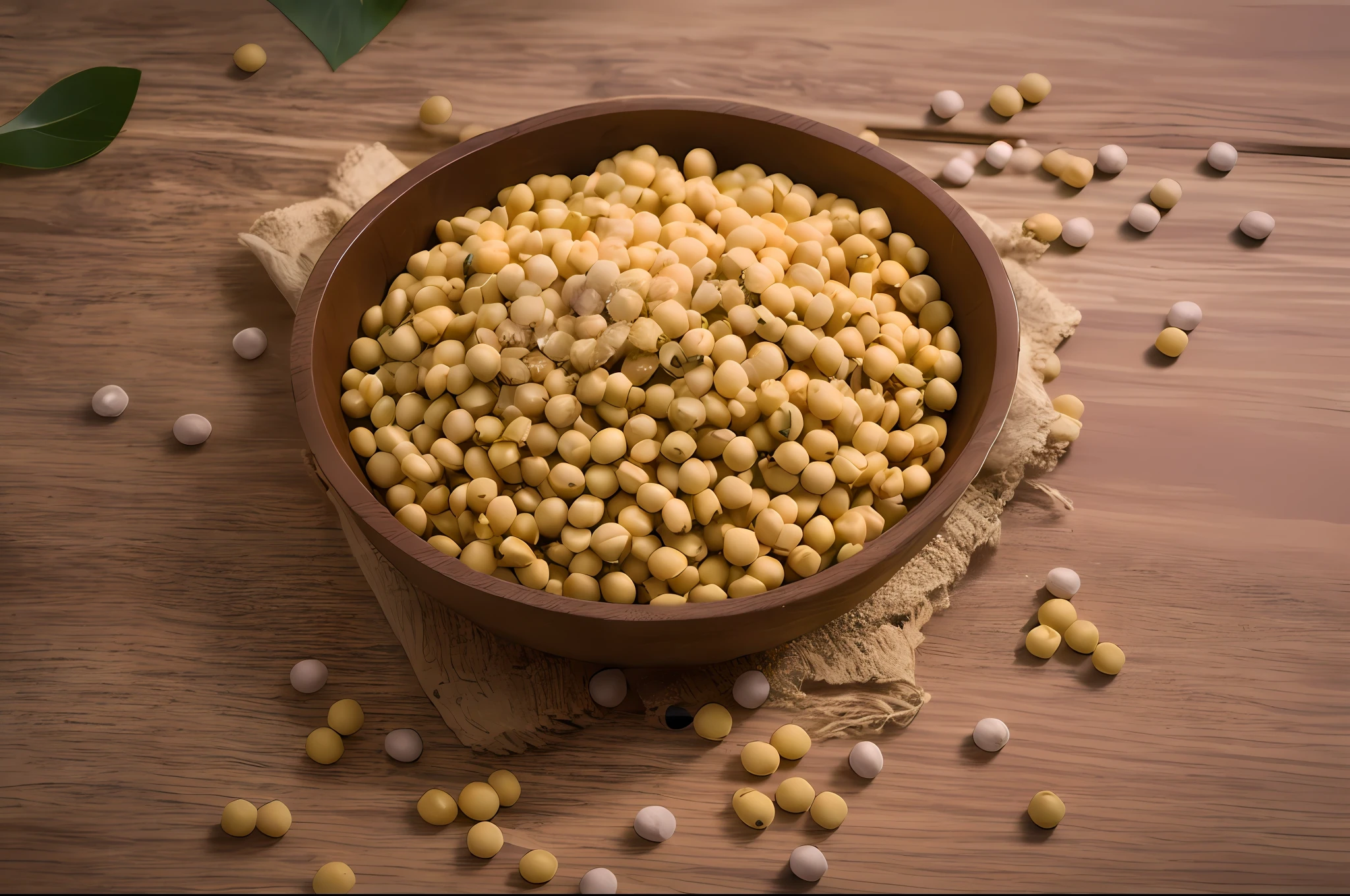 On the wooden table is a bowl of soybeans, beans, 4K