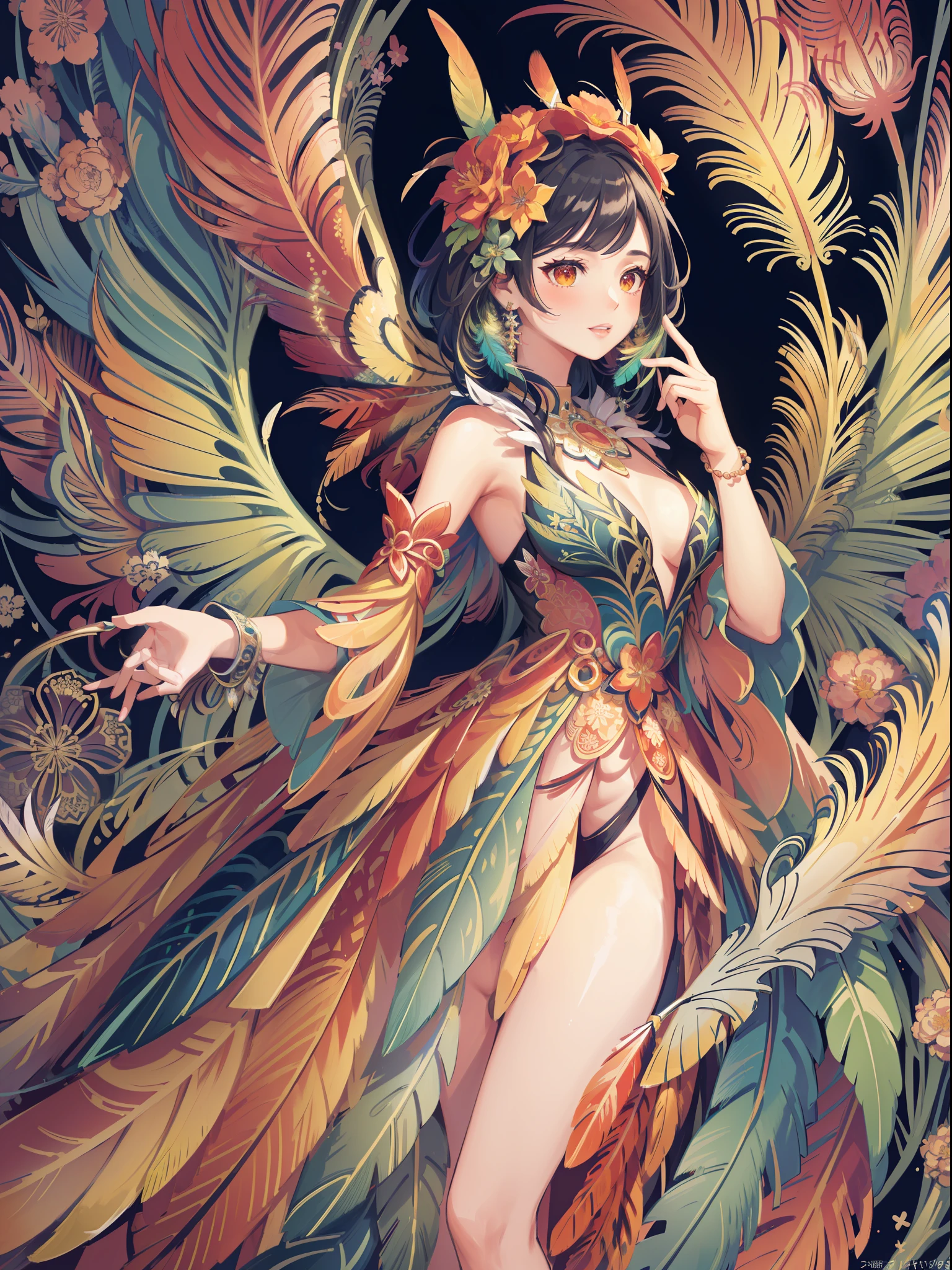 (masterpiece, top quality, best quality, official art, beautiful and aesthetic:1.2), (1girl:1.3), extremely detailed,(fractal art:1.1),(colorful:1.1)(flowers:1.3),highest detailed,(zentangle:1.2), (dynamic pose), (abstract background:1.3), (shiny skin), (many colors:1.4), ,(earrings), (feathers:1.5) , (Flamethrower:1.3),red background,Phoenix dress,