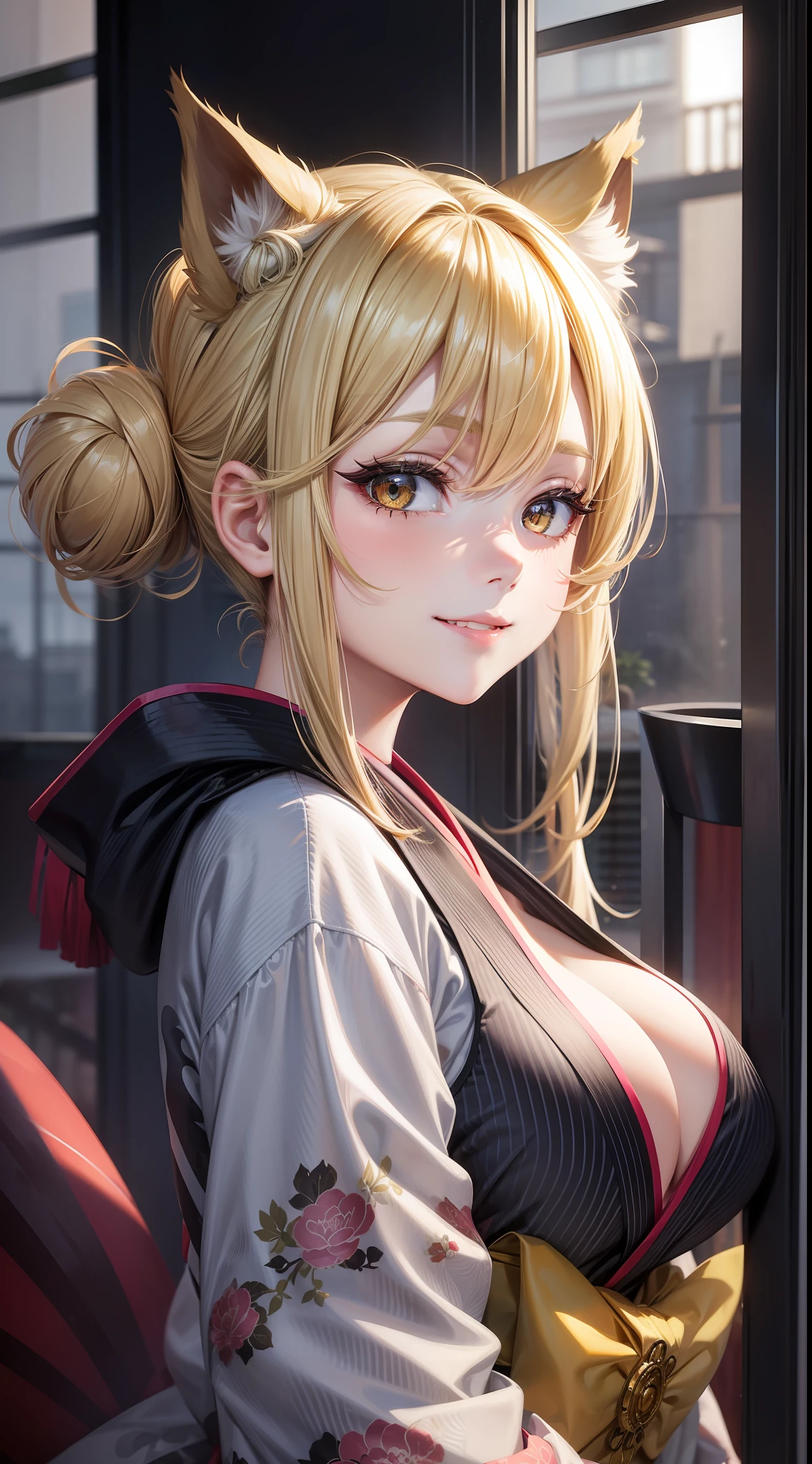Young girl, blonde hair in a bun, amber eyes, cat ears, kimono, open breasts, smile, masterpiece, high quality