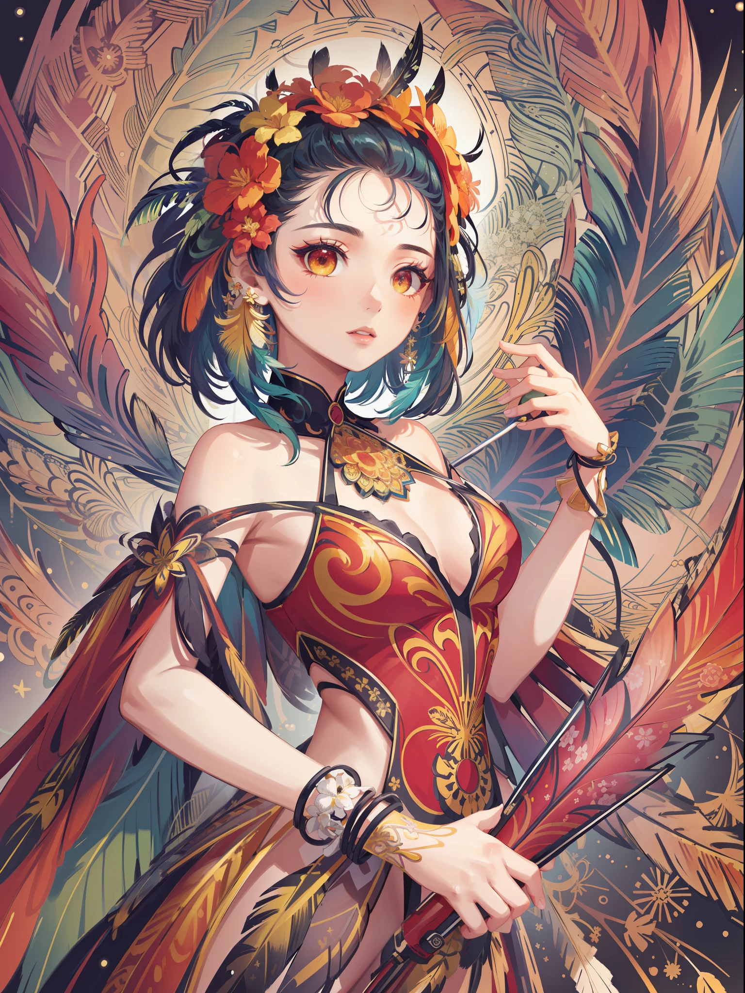 (masterpiece, top quality, best quality, official art, beautiful and aesthetic:1.2), (1girl:1.3), extremely detailed,(fractal art:1.1),(colorful:1.1)(flowers:1.3),highest detailed,(zentangle:1.2), (dynamic pose), (abstract background:1.3), (shiny skin), (many colors:1.4), ,(earrings), (feathers:1.5) , (Flamethrower:1.3),red background,Phoenix dress,