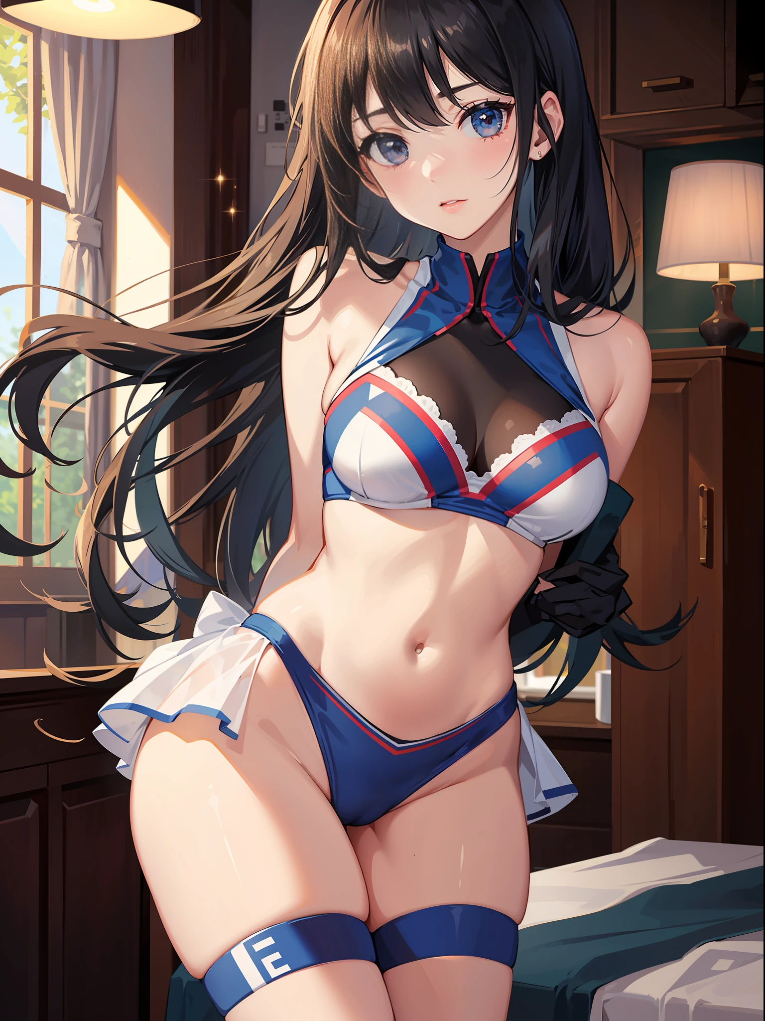 slender beautiful girl, cheerleader, high resolution, top quality, super detail, wedge, fine details, no blush, club room