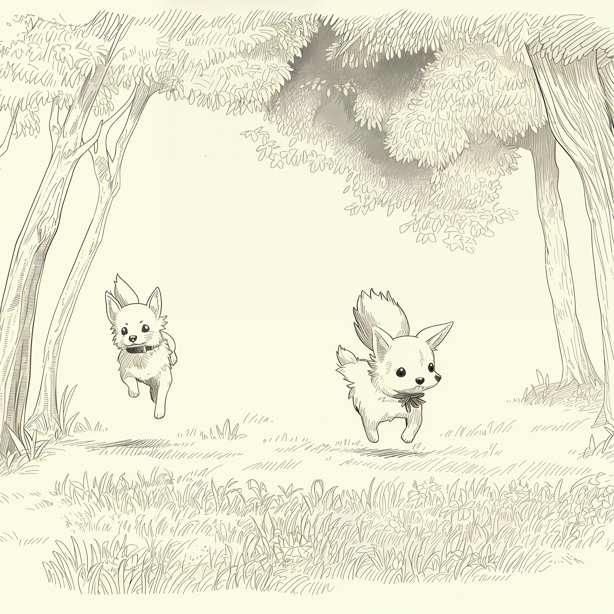 (High quality, 8k) line drawing, lineart, black and white, cute and fluffy chihuahua dog running in the forest with trees and flowers