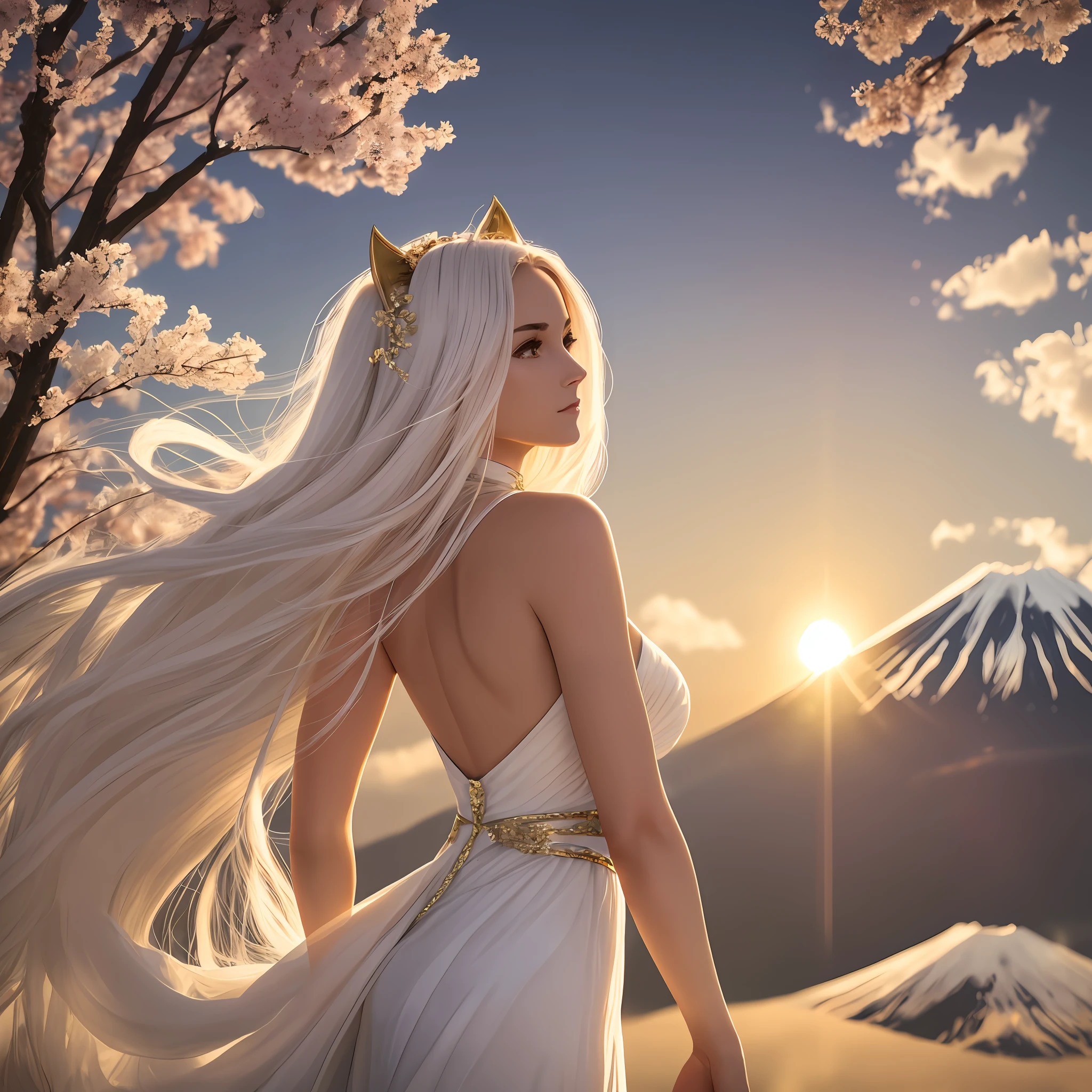 A mesmerizing image of a stunning white catwoman standing atop the majestic summit of Mt. Fuji, surrounded by the soft, ethereal glow of the setting sun. The woman's long, flowing hair cascades into a flowing braid, framing her elegant form. The gentle sunlight illuminates the scene, casting a warm, golden glow on the catwoman's silhouette and casting long shadows. wide aperture, standard lens, golden hour
