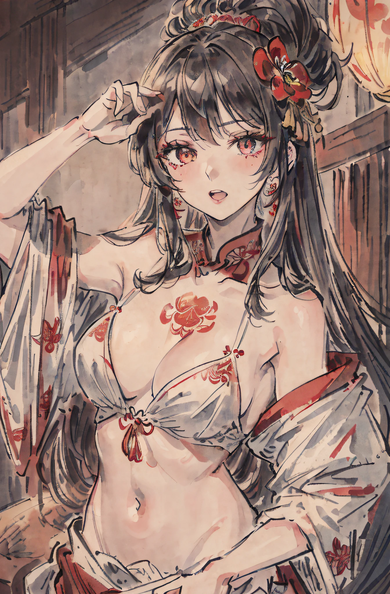 ((highres)), (open mouth), ((bust)), (((masterpiece))), ((best quality))), ((ultra-detailed)) ((very detailed CG)), ((8k_wallpaper)), dynamic angle, floating, (beautiful and detailed eyes), extremely beautiful girl, upper body, ink painting, (chinoiserie), dark circles, burning, Detail Light .from_below, (Brunet), (Red Spider Lily: 1.33), Water Eye, (Hair Flower: 1.3), Bloom, Single, Starry Sky, Hair Accessories, Earrings, Jewelry, Extra Long Hair, Messy Hair, Bare Shoulders, Crop Top, Sexy, Half Closed Eyes, Bloom, ((((Chivalrous))), Leprechaun, (Hanfu: 1.3), (Mid-chest: 1.2), (Eyeshadow, Red Eyeliner: 1.15), (Eyes Visible Through Hair: 1.2), ((Solo)), Red Moon,