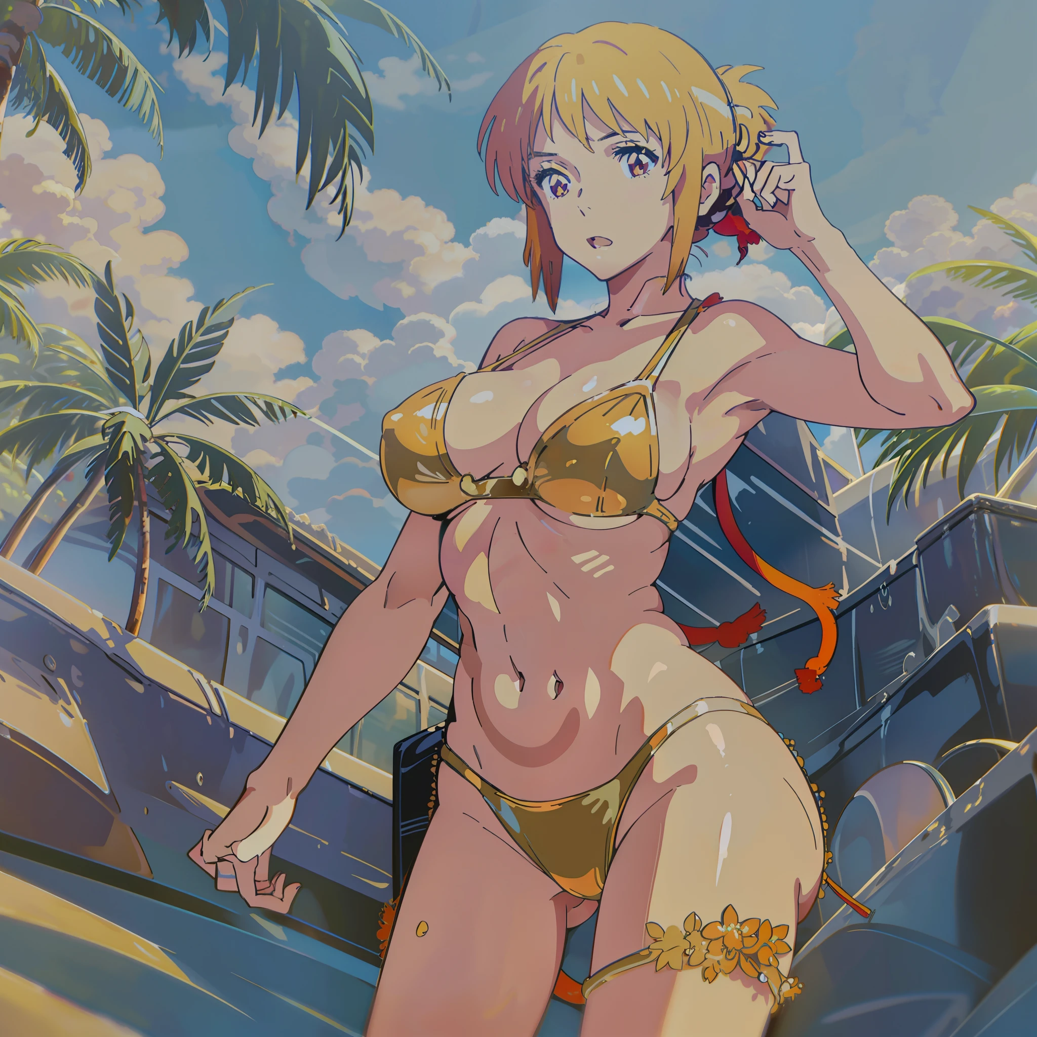 Multiple asian women posing for photos in white bikini, elegant bikini, amouranth, shiny golden bikini, golden bra, sunny real bikini, on the beach, realistic perfect body, smooth golden skin, gorgeous bikini model, elegant golden body, swimsuit, sexy body, big breasts