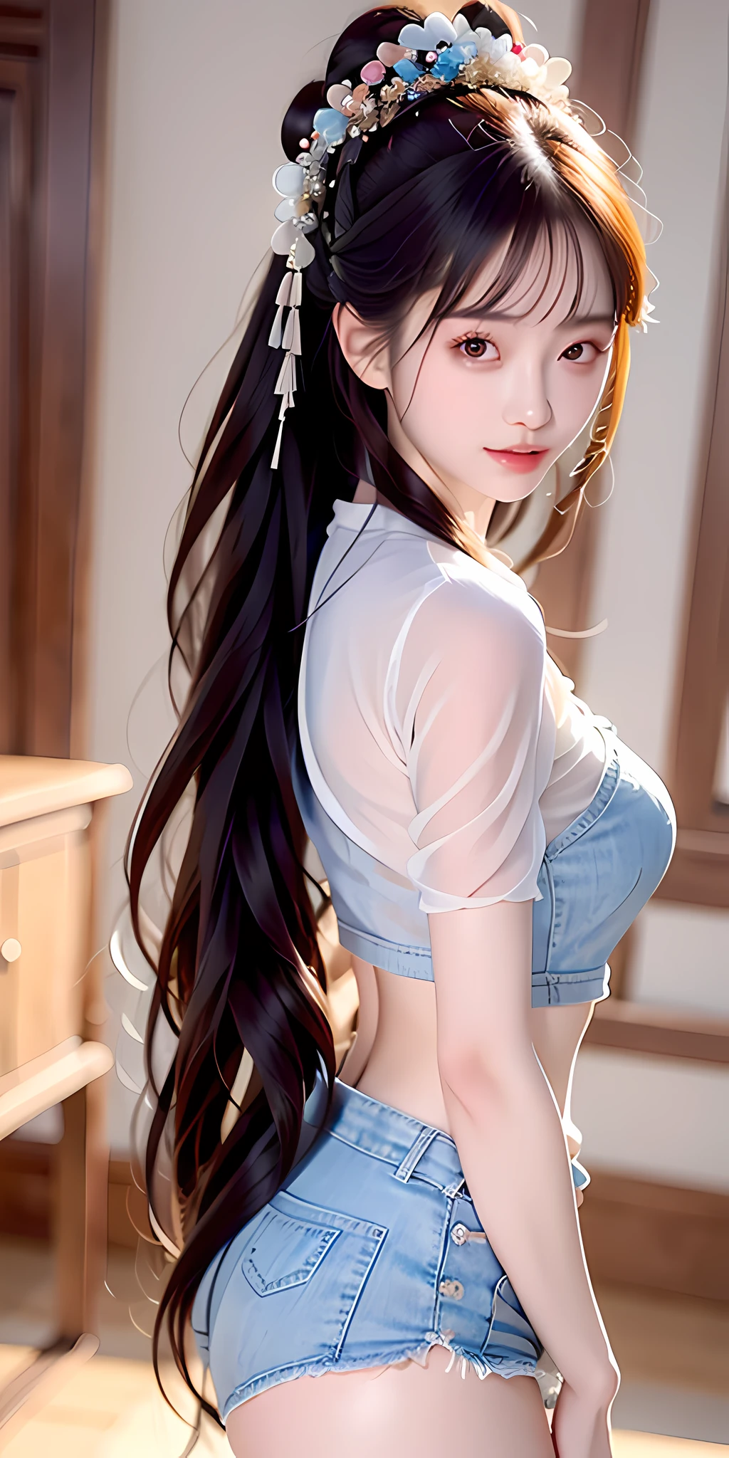 bust, masterpiece, black_hair, 1 girl, long_hair, long hair, ponytail, wearing white shirt, blue denim shorts, black silk, Chinese, anatomically correct, textured skin, masterpiece, ccurate, high quality, high detail, super detail, best quality, high resolution, 16k, UHD,