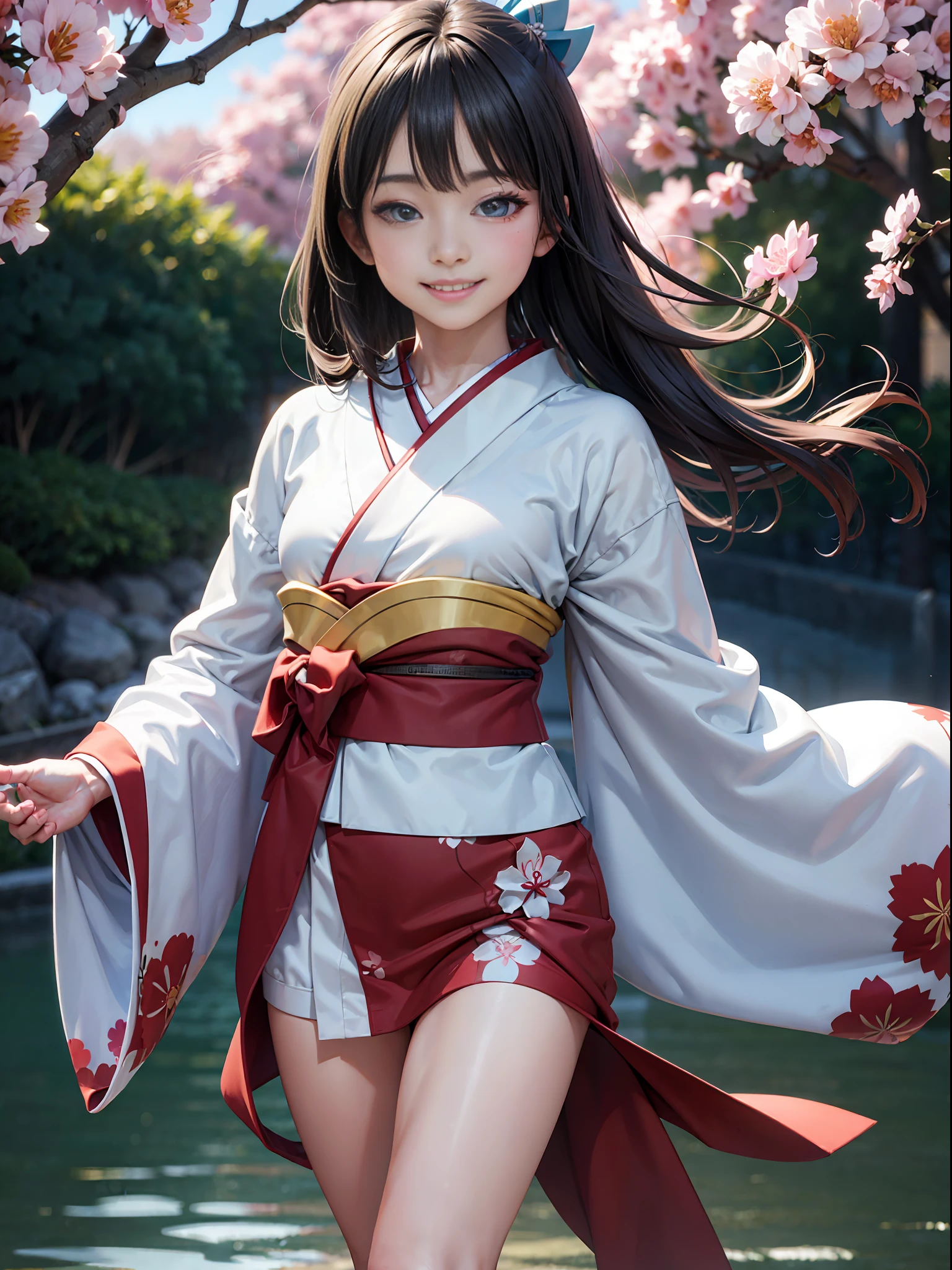 one japanese girl,Japanese kimono, long legs, (realism: 1.4), facing the camera, smiling,aqua eyes, grin, floating hair, close-up,4K,Realistic lighting, ultra high-definition, shadows, blurred background, clean,3d.