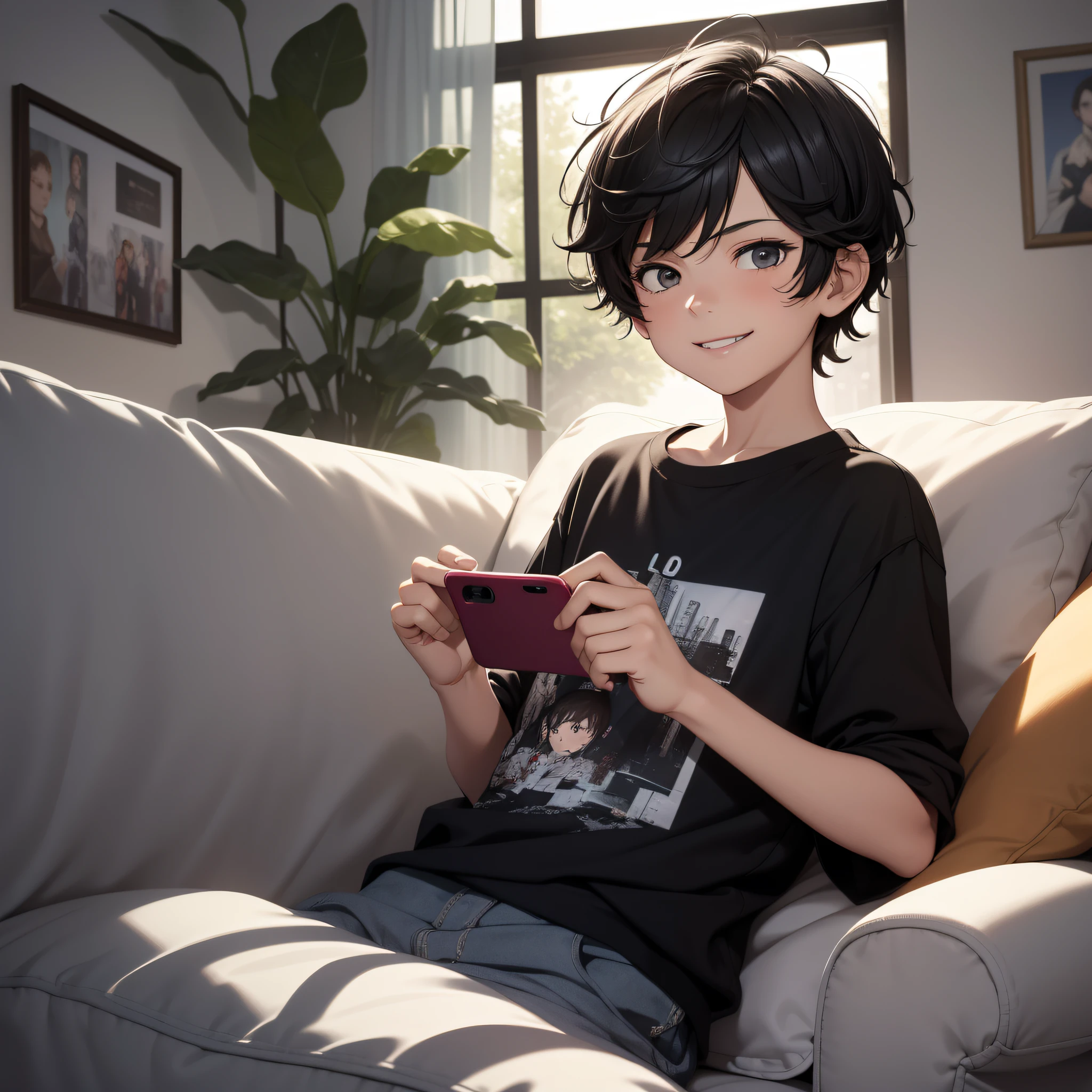 Absurd resolution, high resolution, (masterpiece: 1.4), hyperdetail, 10 year old boy messy short black hair, bad smile, grimace, playing on the phone on the couch (1.2)