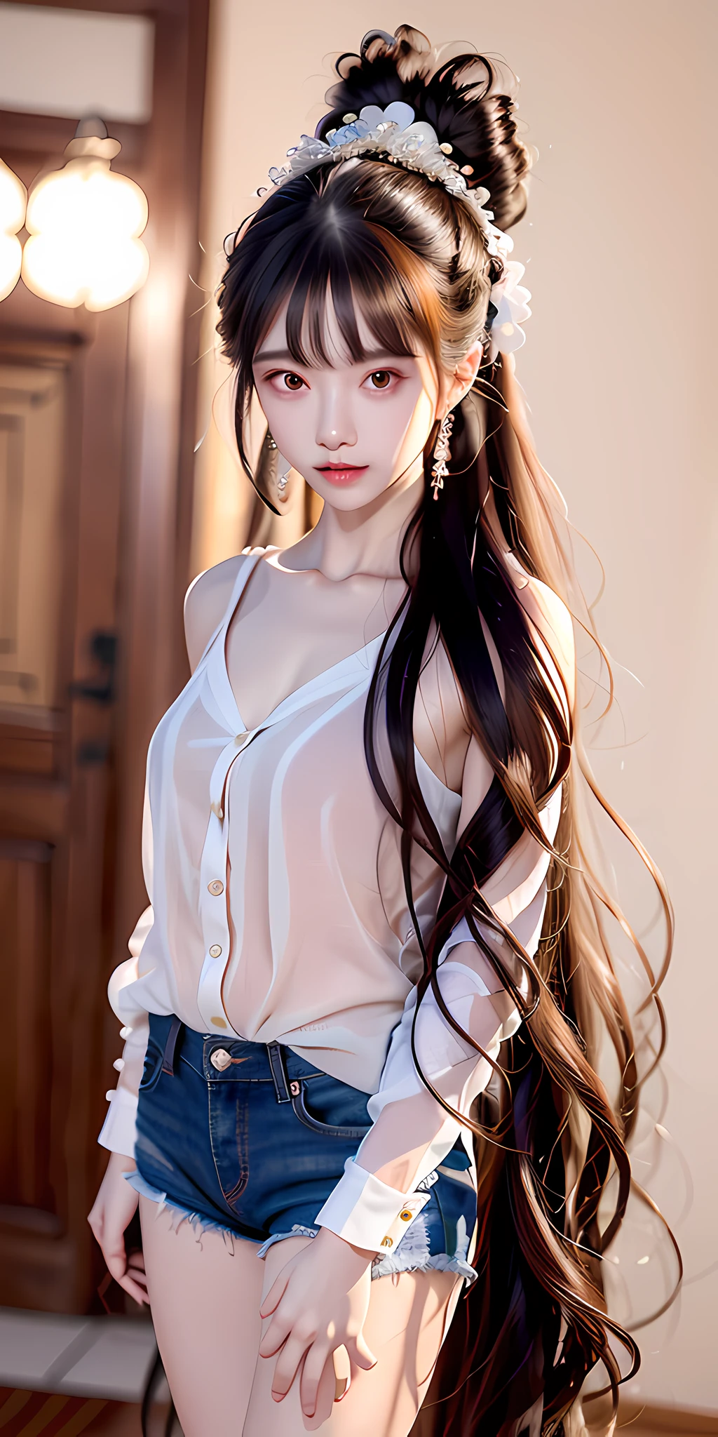 bust, masterpiece, black_hair, 1 girl, long_hair, long hair, ponytail, wearing white shirt, blue denim shorts, black silk, Chinese, anatomically correct, textured skin, masterpiece, ccurate, high quality, high detail, super detail, best quality, high resolution, 16k, UHD,