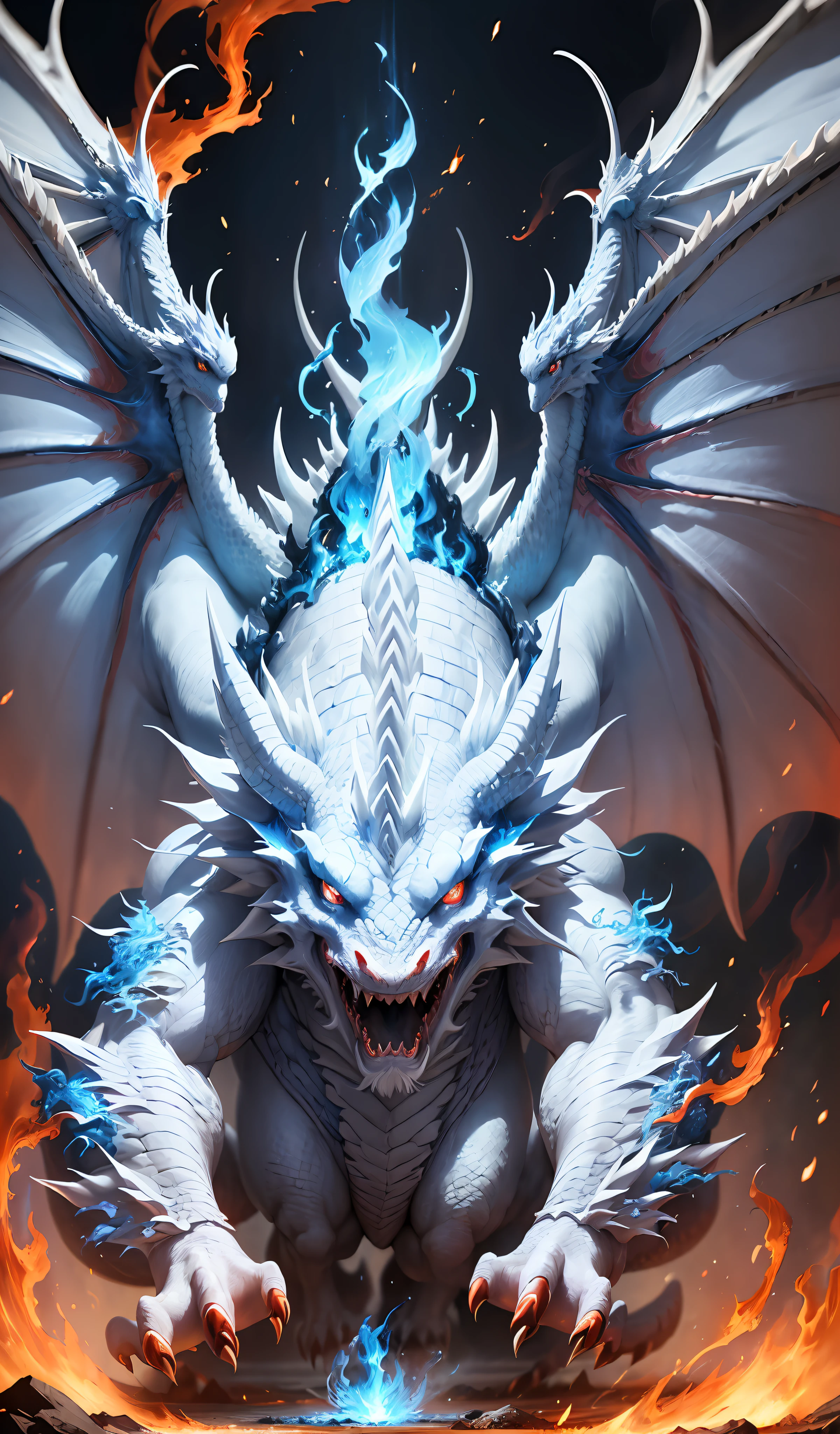 "(white, flying dragon),(spitting fire, super detailed blue fire:1.2), dynamic pose, motion blur, animatic, battle, panorama, red fog,(masterpiece:1.1, best quality:1.2)." white dragon, mythical dragon