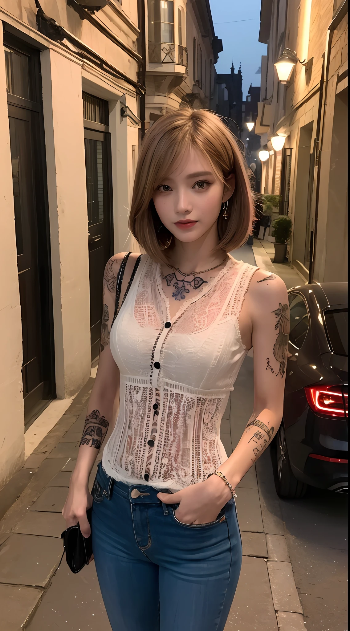 (Night, soft lighting, top quality, 8k, masterpiece, raw photo: 1.3),mysterious, beautiful young woman, fantasy, red colored eyes, slender eyes, narrow eyes, symmetrical eyes, (highlight color hair, short cut hair, bob cut hair style), earrings, thin bracelet on wrist, (full body, sleeveless shirt, shirt with buttons, tight pants: 1.2) , ultra detail, intricate details, highly detailed face and skin tone, slim body, (body tattooed, tattooed all over body), detailed eyes, realistic, makeup, intellectual, bewitching, beautiful standing figure, small breasts, medieval european cityscape, street at night, invincible smile