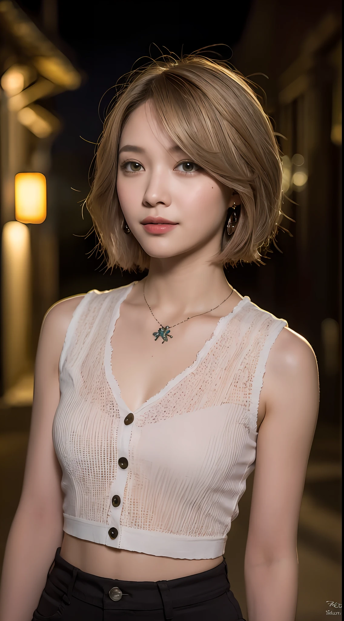 (Night, soft lighting, top quality, 8k, masterpiece, raw photo: 1.3),mysterious, beautiful young woman, fantasy, red colored eyes, slender eyes, narrow eyes, symmetrical eyes, (highlight color hair, short cut hair, bob cut hair style), earrings, thin bracelet on wrist, (full body, sleeveless shirt, shirt with buttons, tight pants: 1.2) , ultra detail, intricate details, highly detailed face and skin tone, slim body, (body tattooed, tattooed all over body), detailed eyes, realistic, makeup, intellectual, bewitching, beautiful standing figure, small breasts, medieval european cityscape, street at night, invincible smile